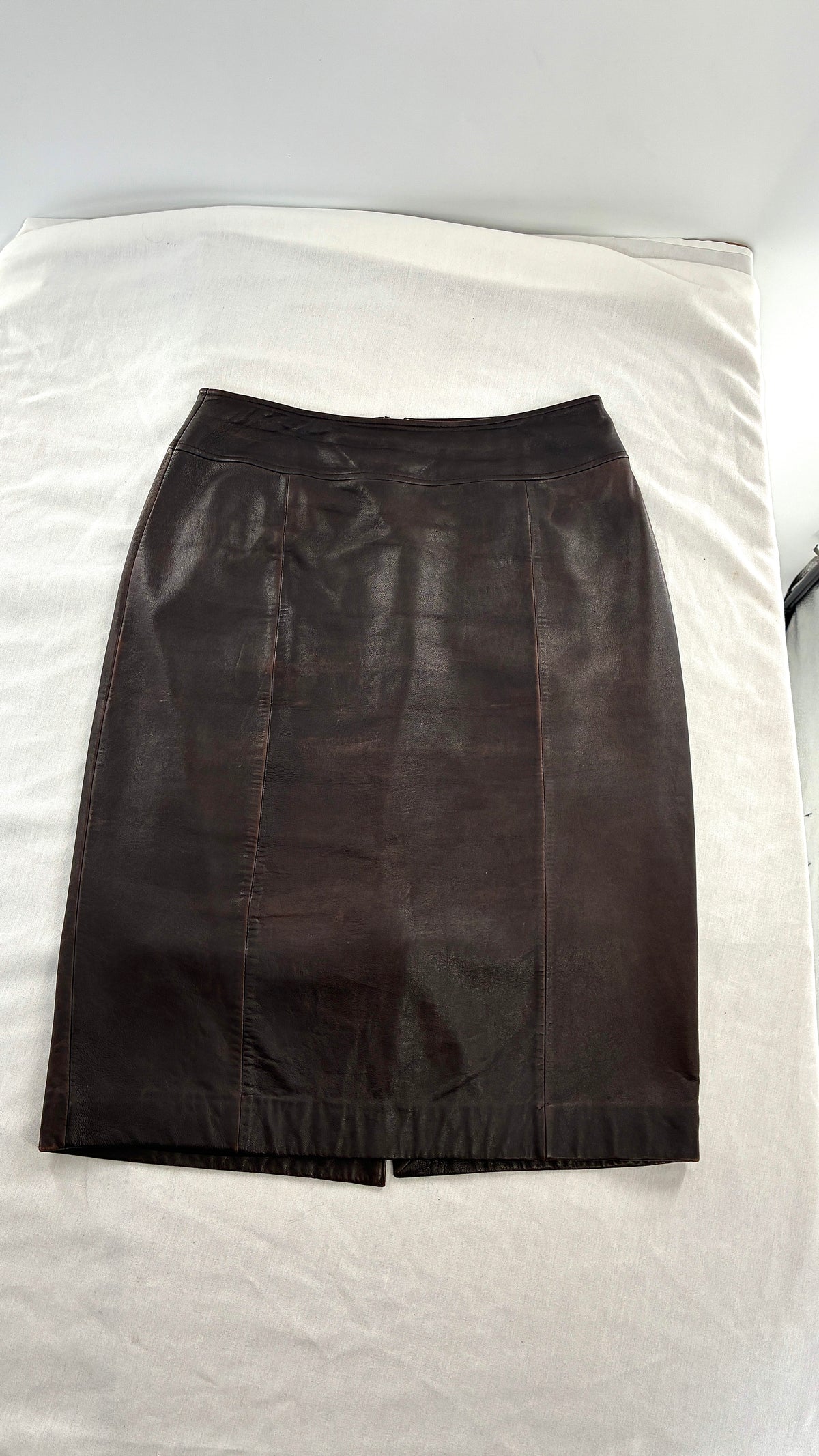 Vintage BROOKS BROTHERS Brown Distressed Genuine Leather Skirt (6)