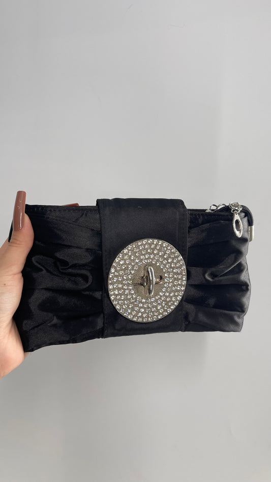 Vintage 1990s Black Satin Ruched Rhinestone Clutch Purse