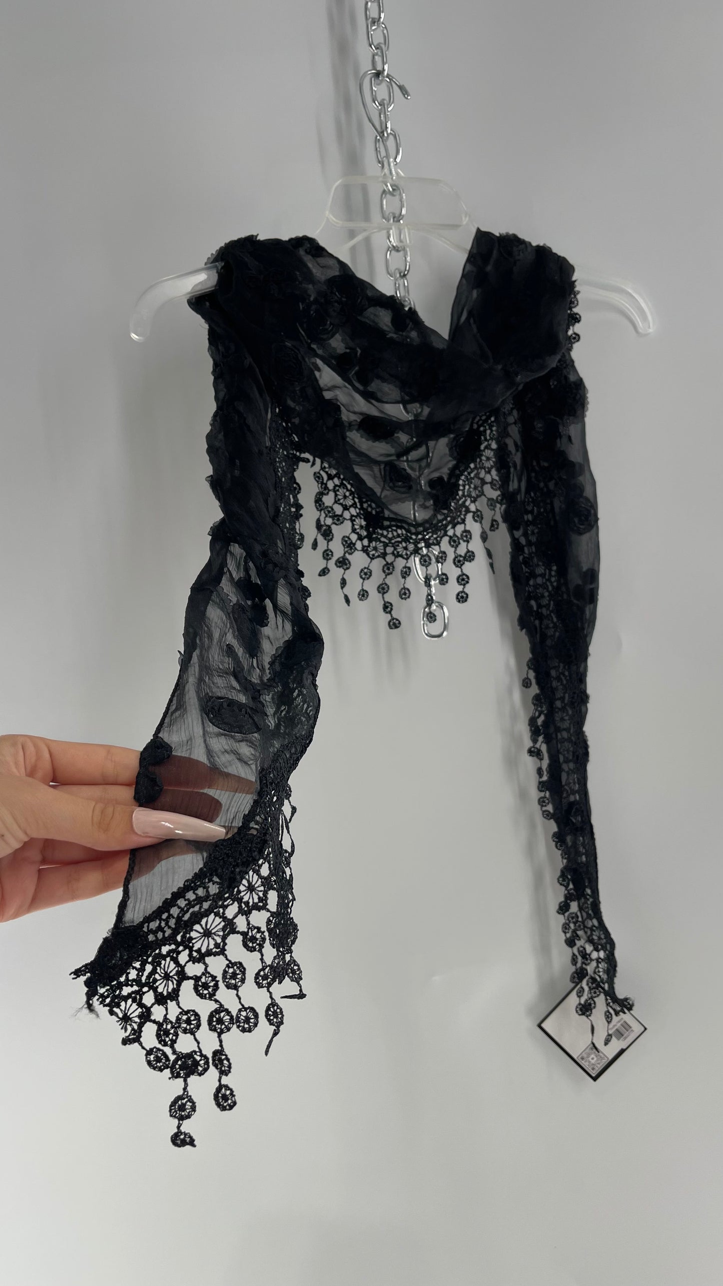 Vintage Black Scarf Covered in Tulle Rosettes and Lace Trim