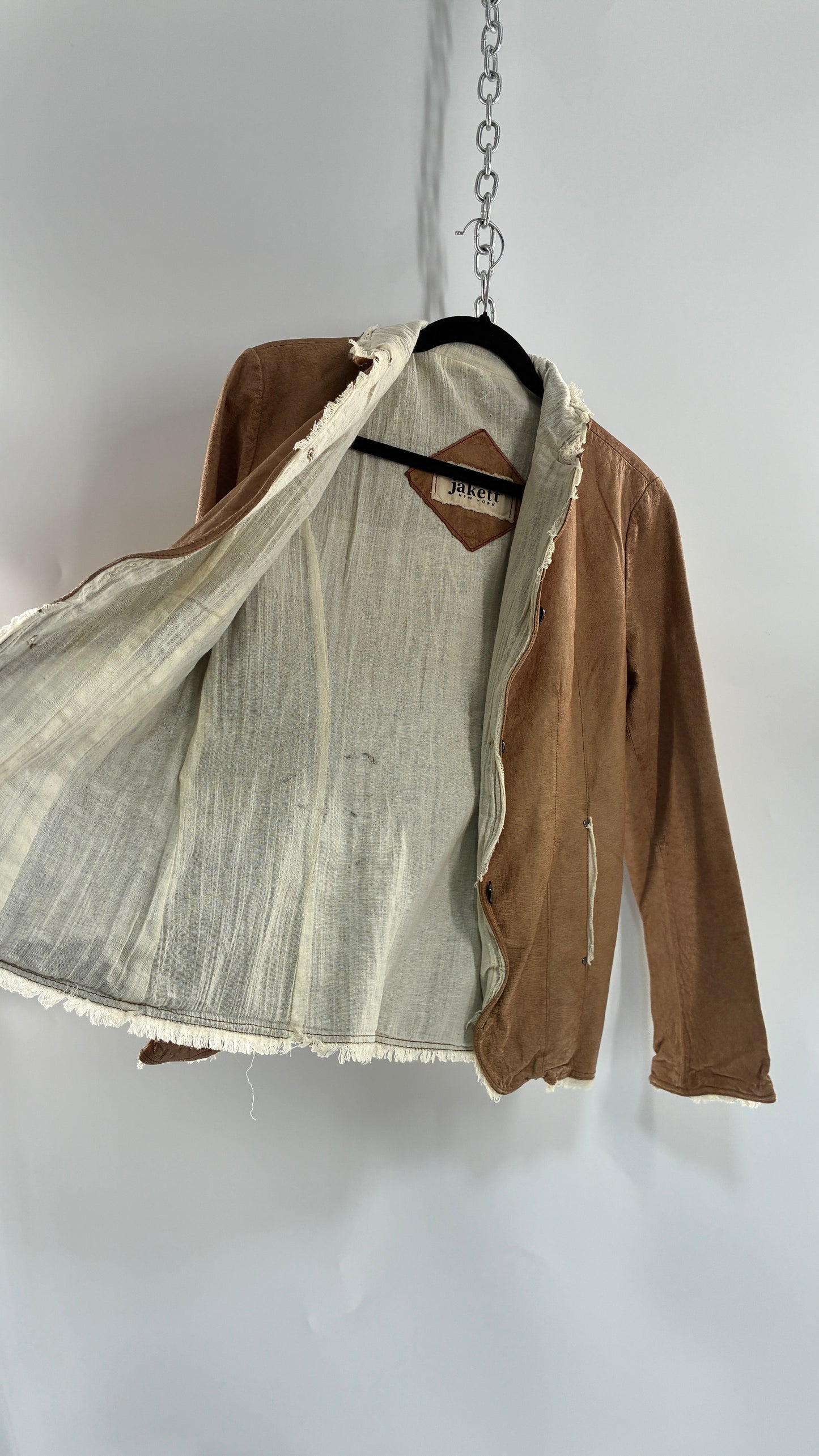 Vintage JAKETT Tan Leather Jacker with Cotton Raw Edge Trim+ Lining and buttoned Cuffs (Medium)