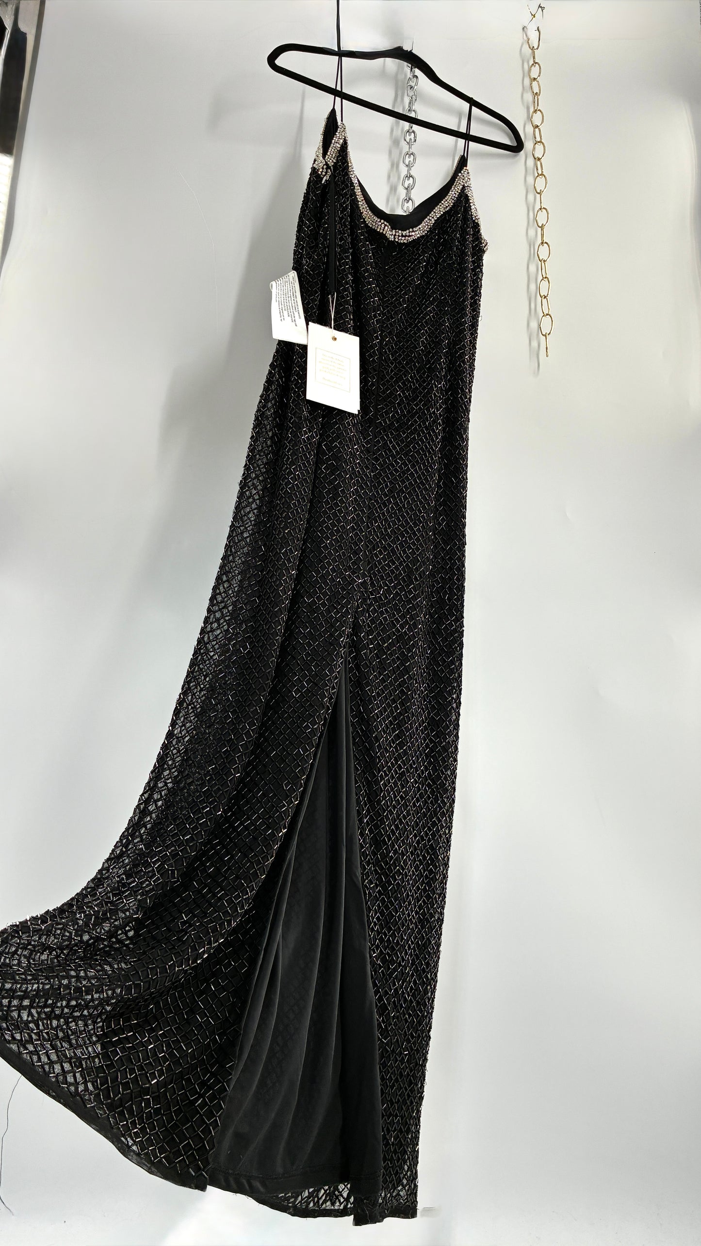 Vintage MAC DUGGAL Black Beaded Spaghetti Strap Column Gown with Tags Attached (16)