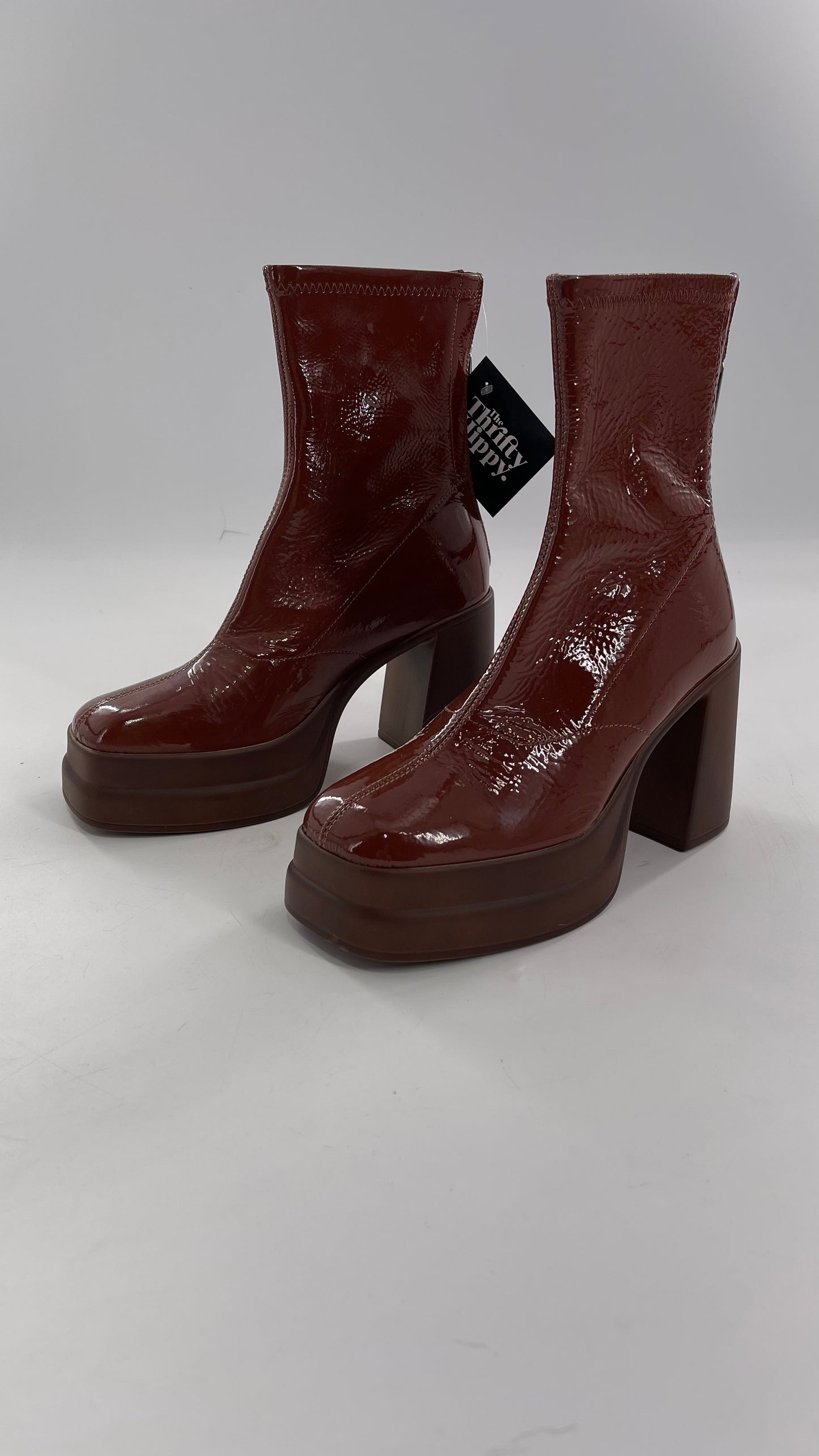 Free People Double StackedGlossy Patent Chestnut Brown Platform Boots with Chunky Heels (37.5)