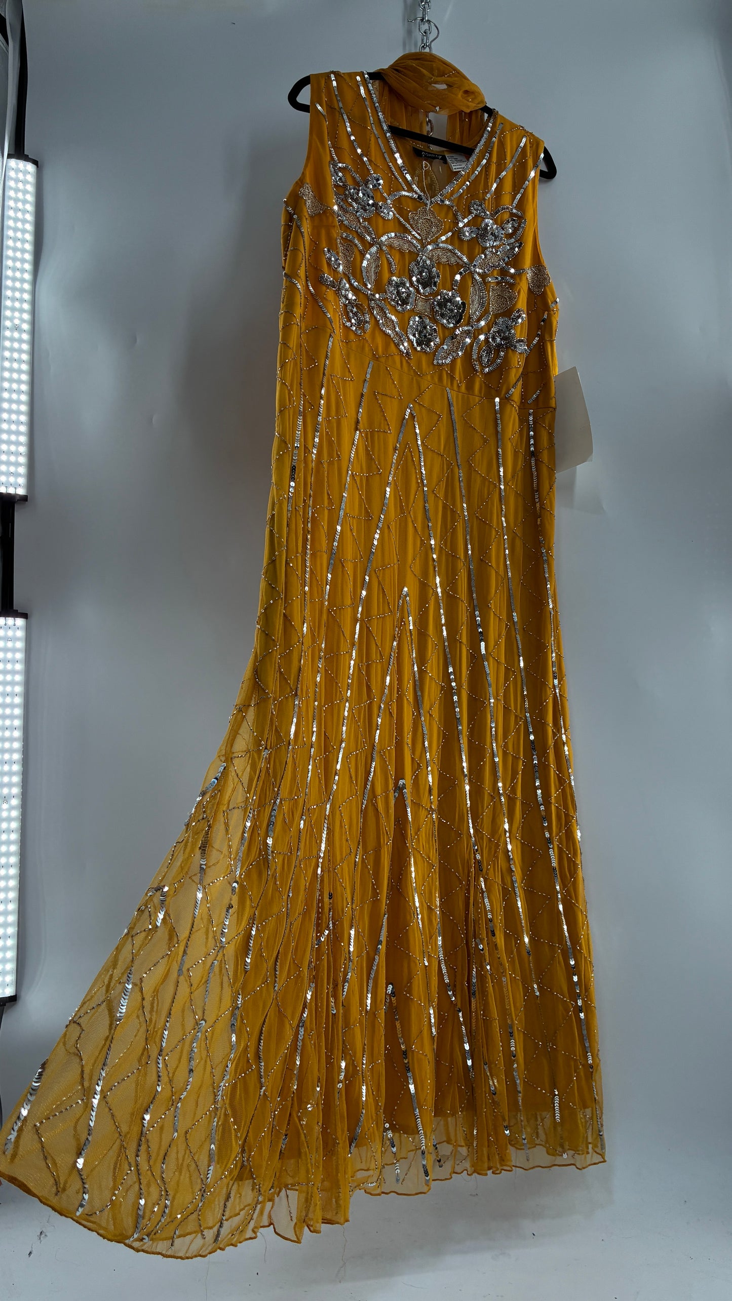 Deadstock Vintage ASHRO 1990s Mustard Yellow Dress with Sheer Back, Neck Scarf and Silver Beading (XXL)