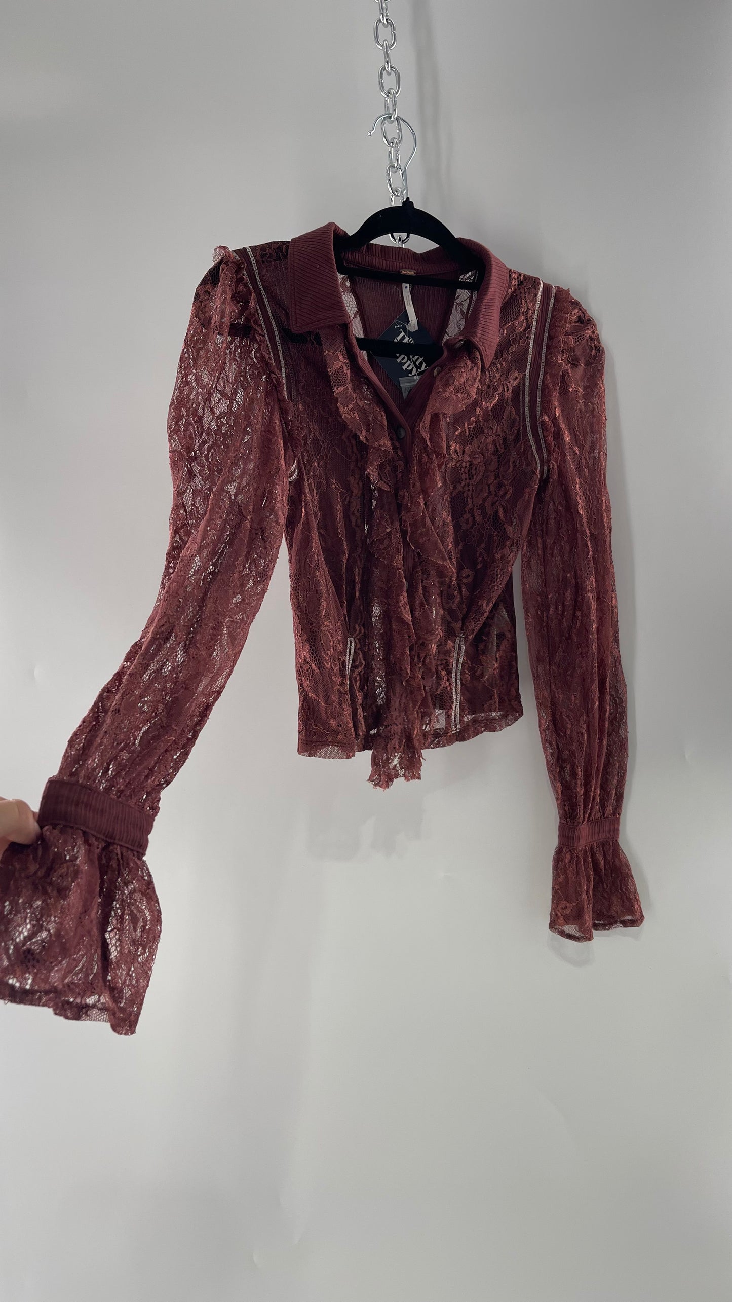 Free People Burgundy Lace Button Front Blouse with Balloon Sleeves and Ruffle Front Detail  (Small)