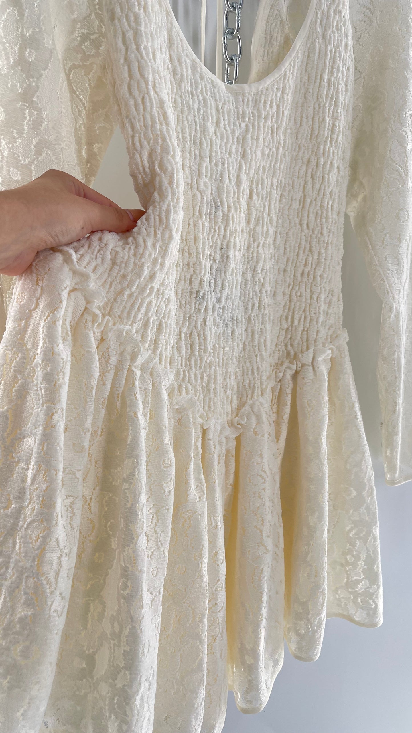 Free People White Velvet Lace Dress with Smocked Bodice and Pointed Waistline (Medium)