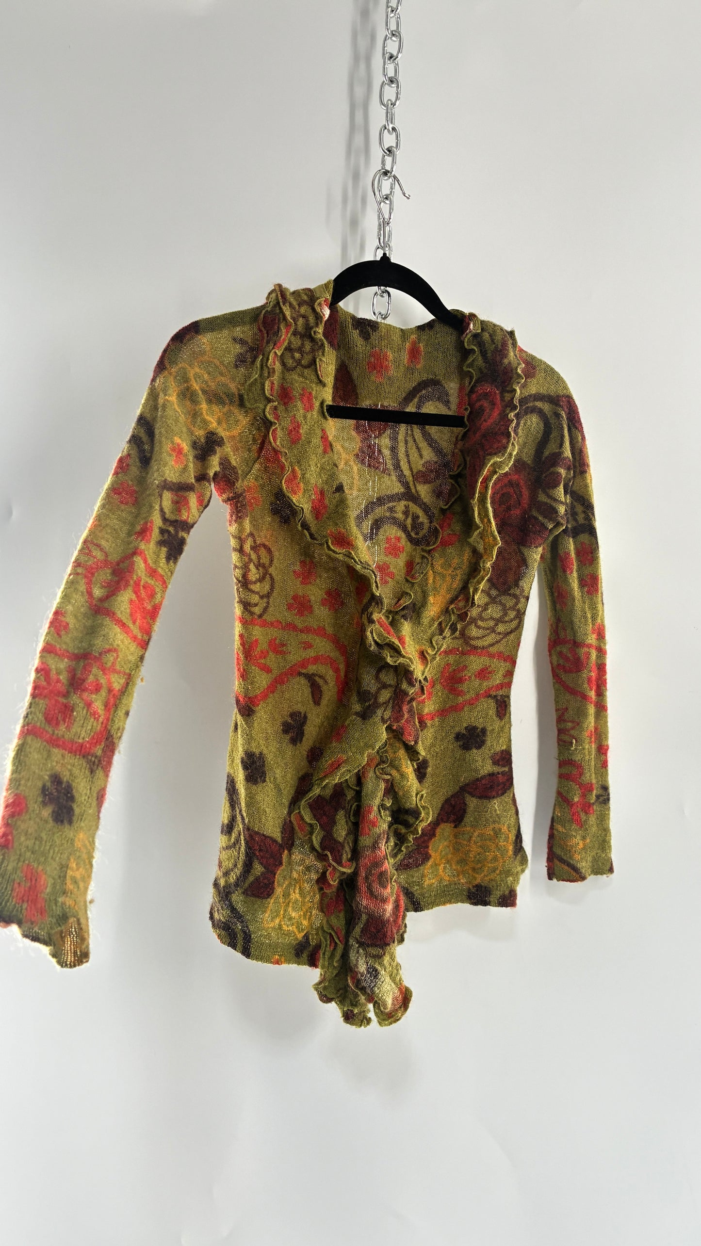 Vintage Green Paisley Mohair/Merino Wool Blend Long Sleeve with Bust Clasp and Ruffled Design (Medium)