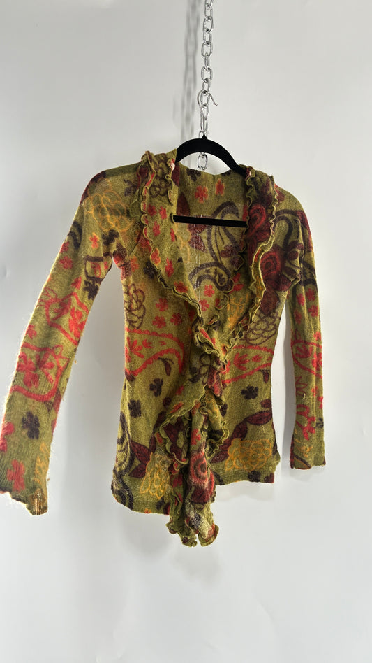 Vintage Green Paisley Mohair/Merino Wool Blend Long Sleeve with Bust Clasp and Ruffled Design (Medium)