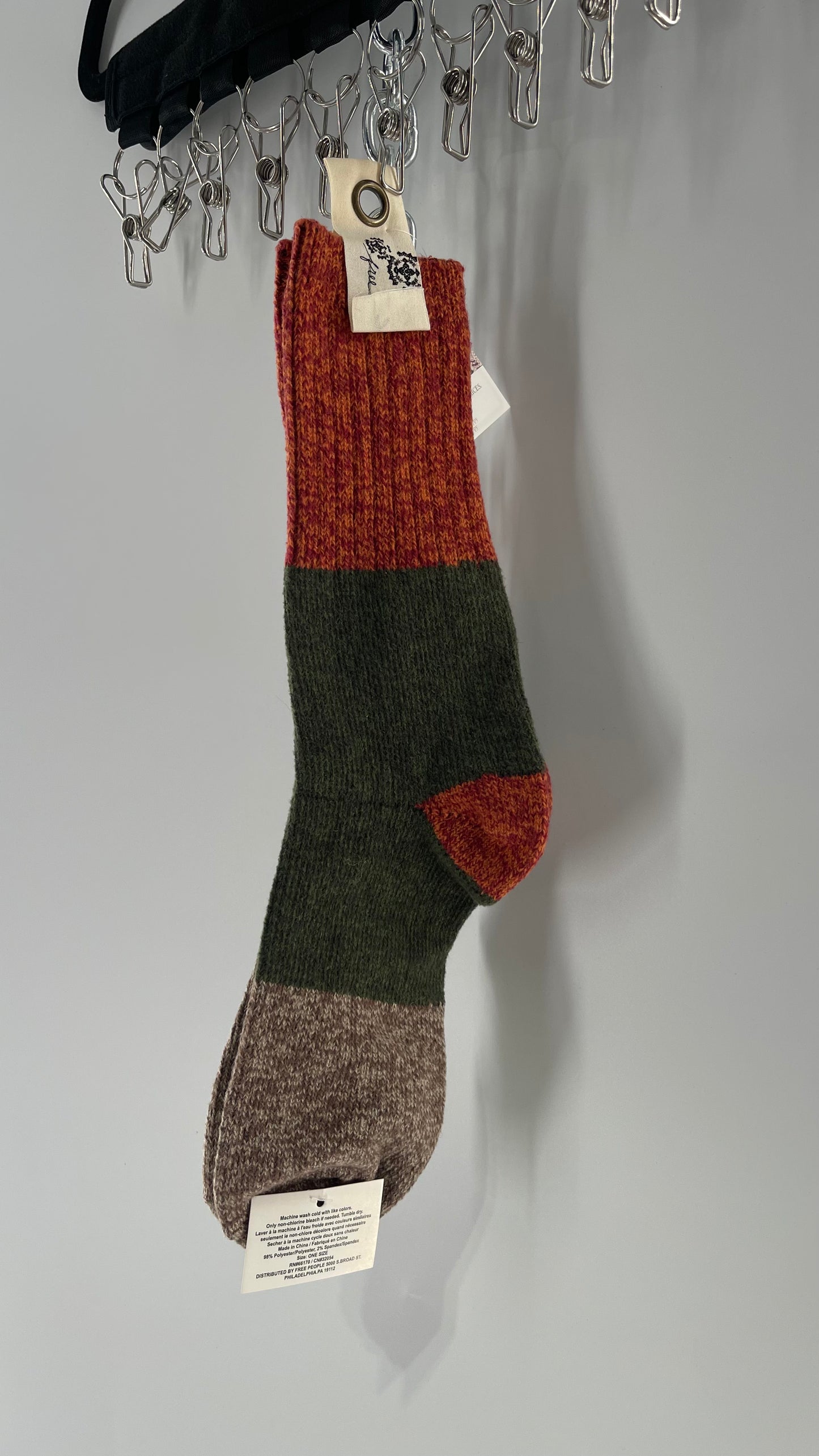 Free People Soft Orange, Army Green and Brown Color Blocked Sock
