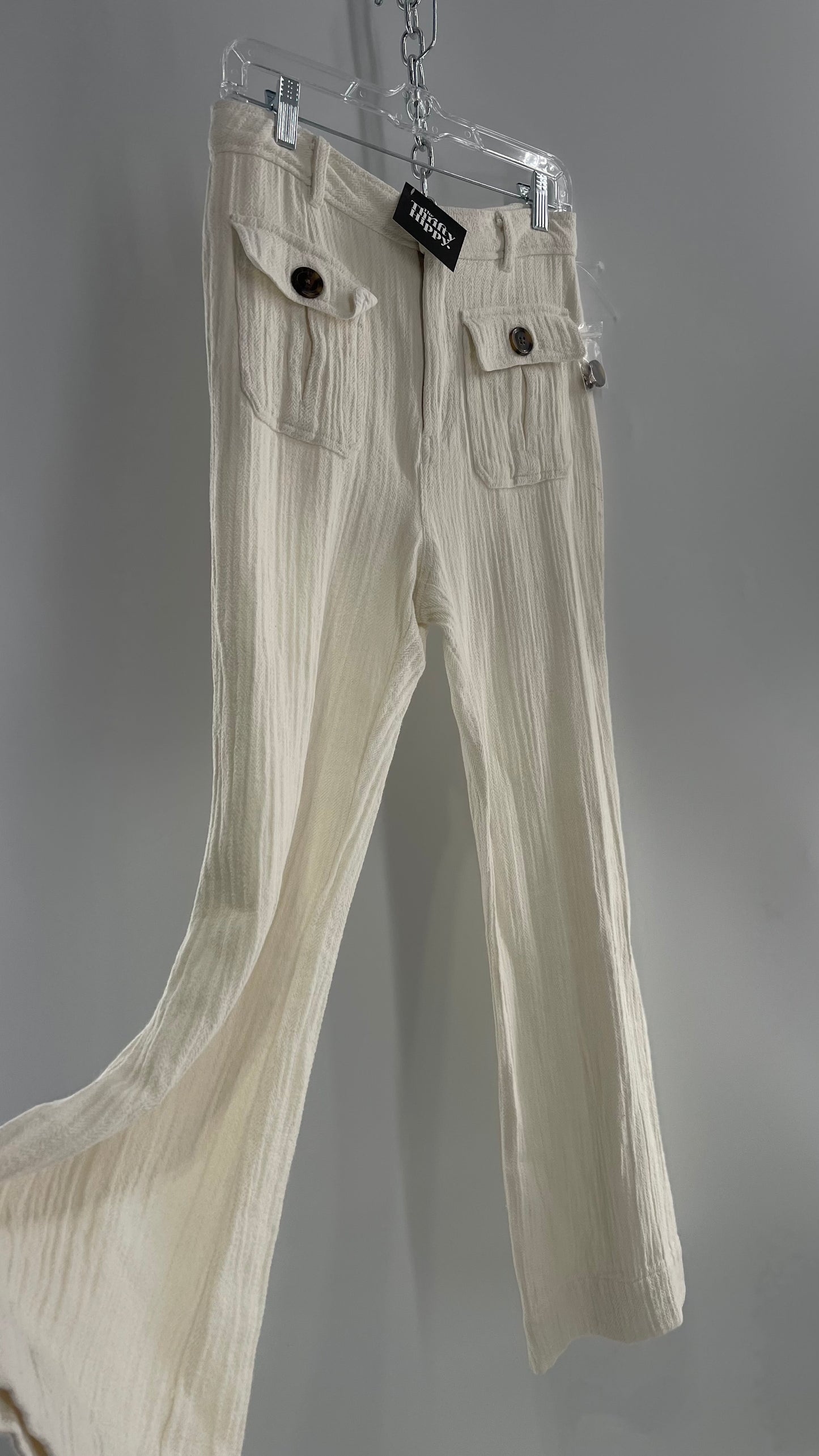 Free People White 55% Linen 45% Cotton Crimped Kickflare with Double Pockets and Brown Tropical Style Button (8)