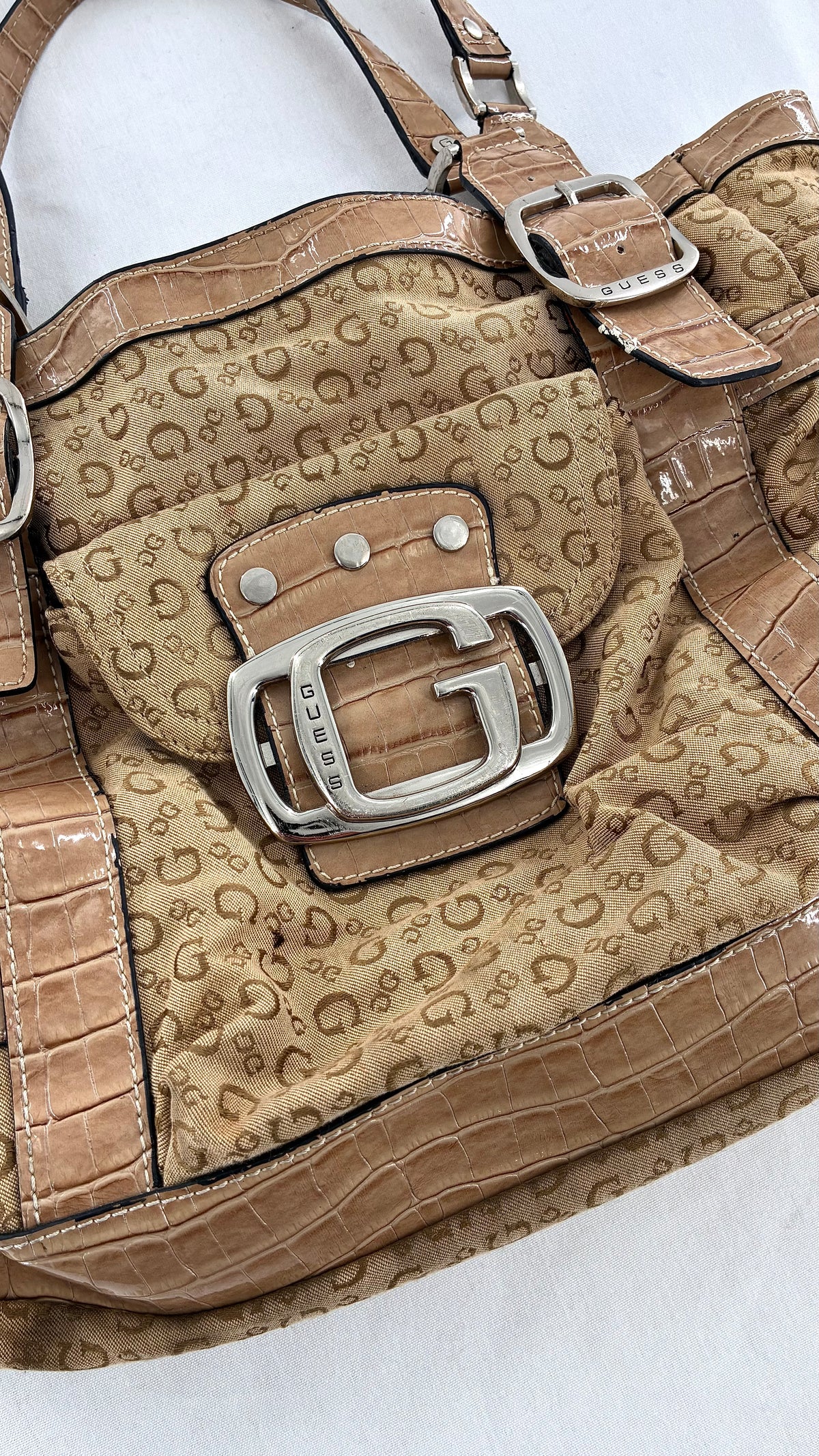 Vintage Guess Tan Monogram Shoulder Bag With Croc-Embossed Trim