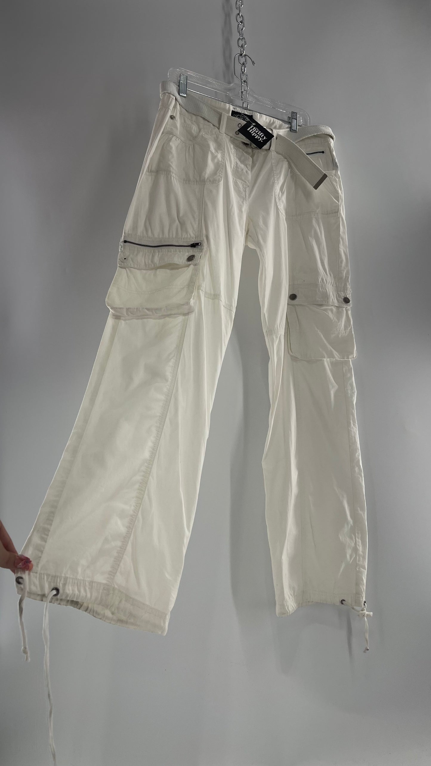 Vintage 1990s Jane Doe Low Rise White Baggy Cargos with Belted Waistline (32)