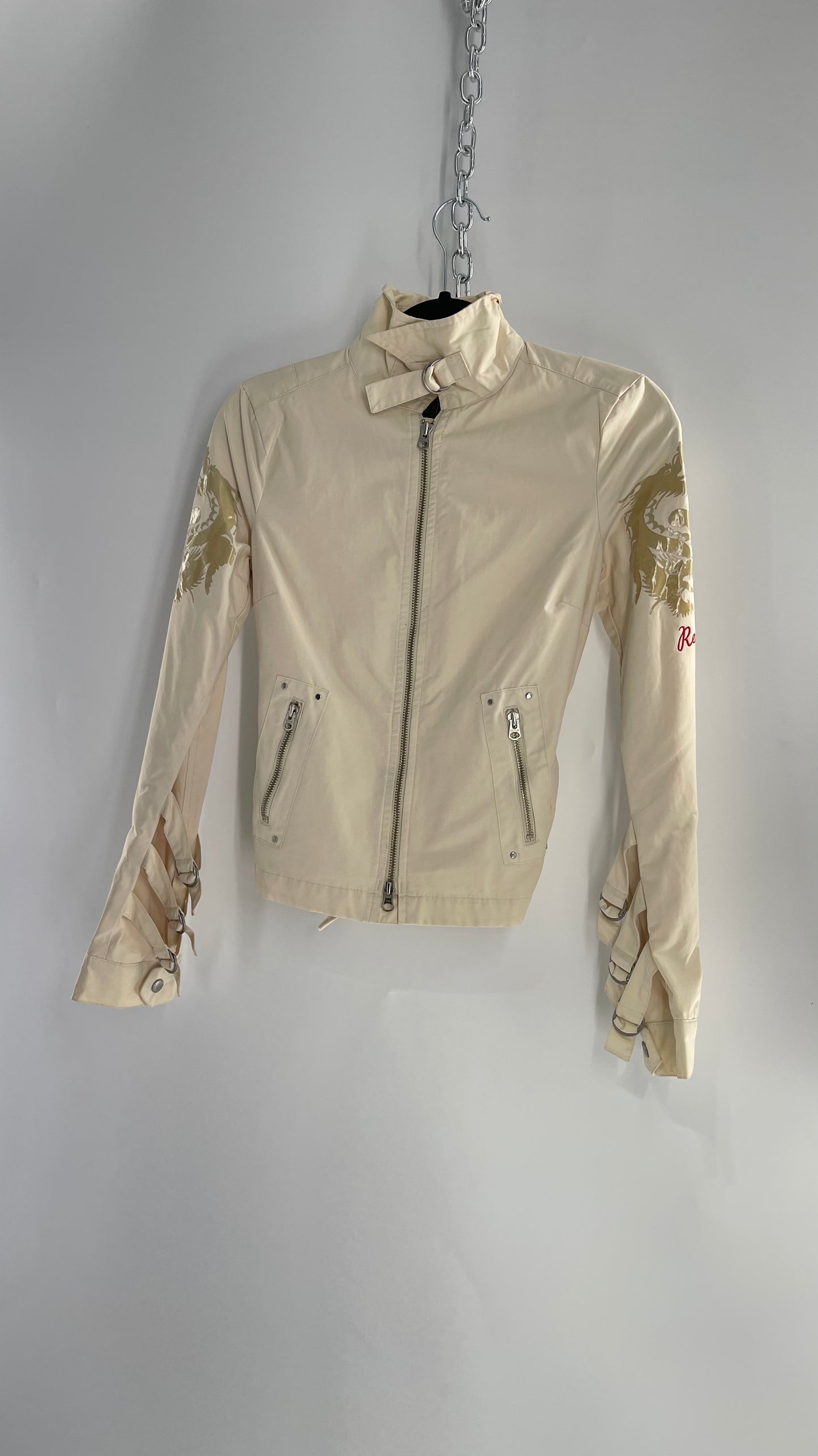 Vintage REPLAY Beige 1990s Italian Moto Jacket with Embossed Buttons, Buckle Cuffs, Dragon Graphic and Neck Strap (XS)