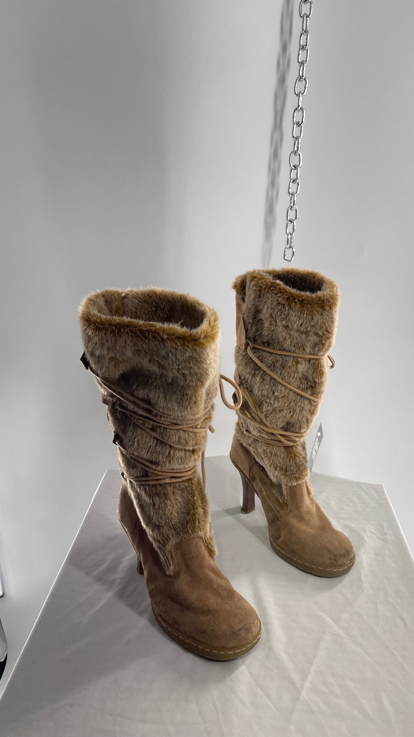Vintage Round Toe Faux Fur Booties with Tie Up Details (7.5)