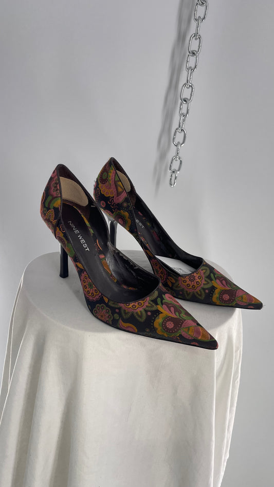 Vintage Nine West Brown Floral Patterned Pointed Toe Heel (8)