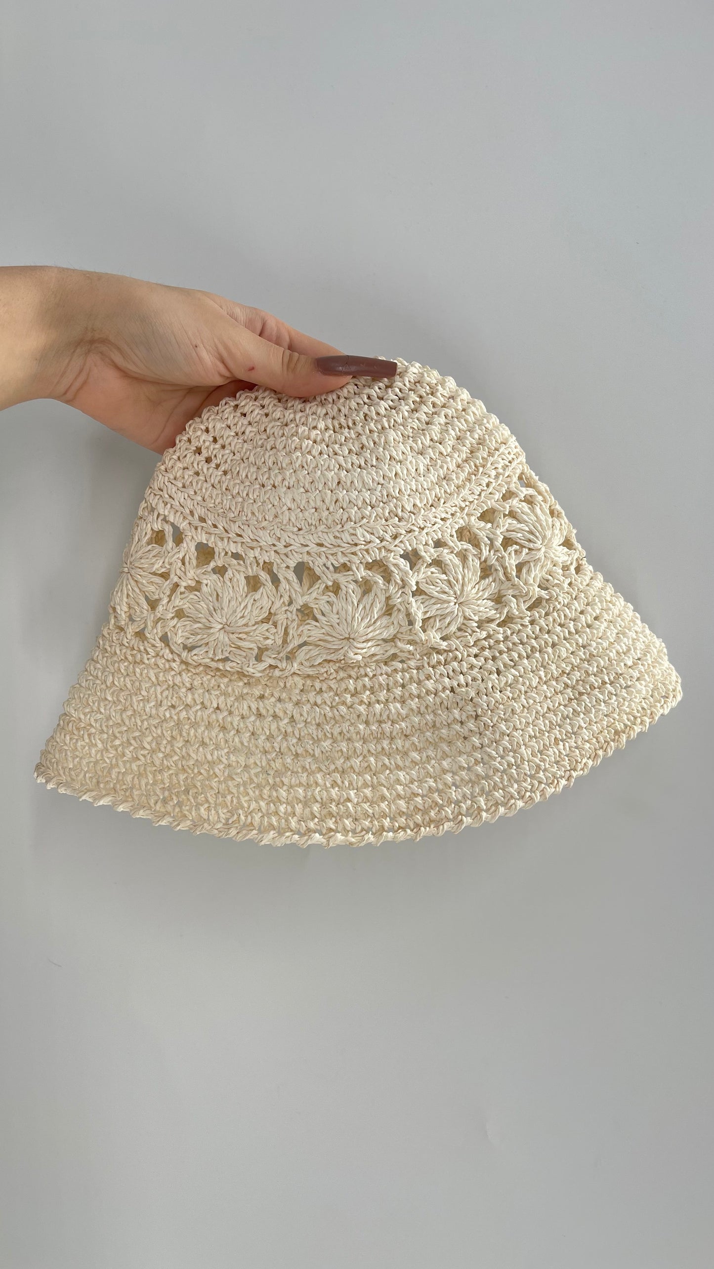 Vintage Off White Crochet Straw Bucket Hat