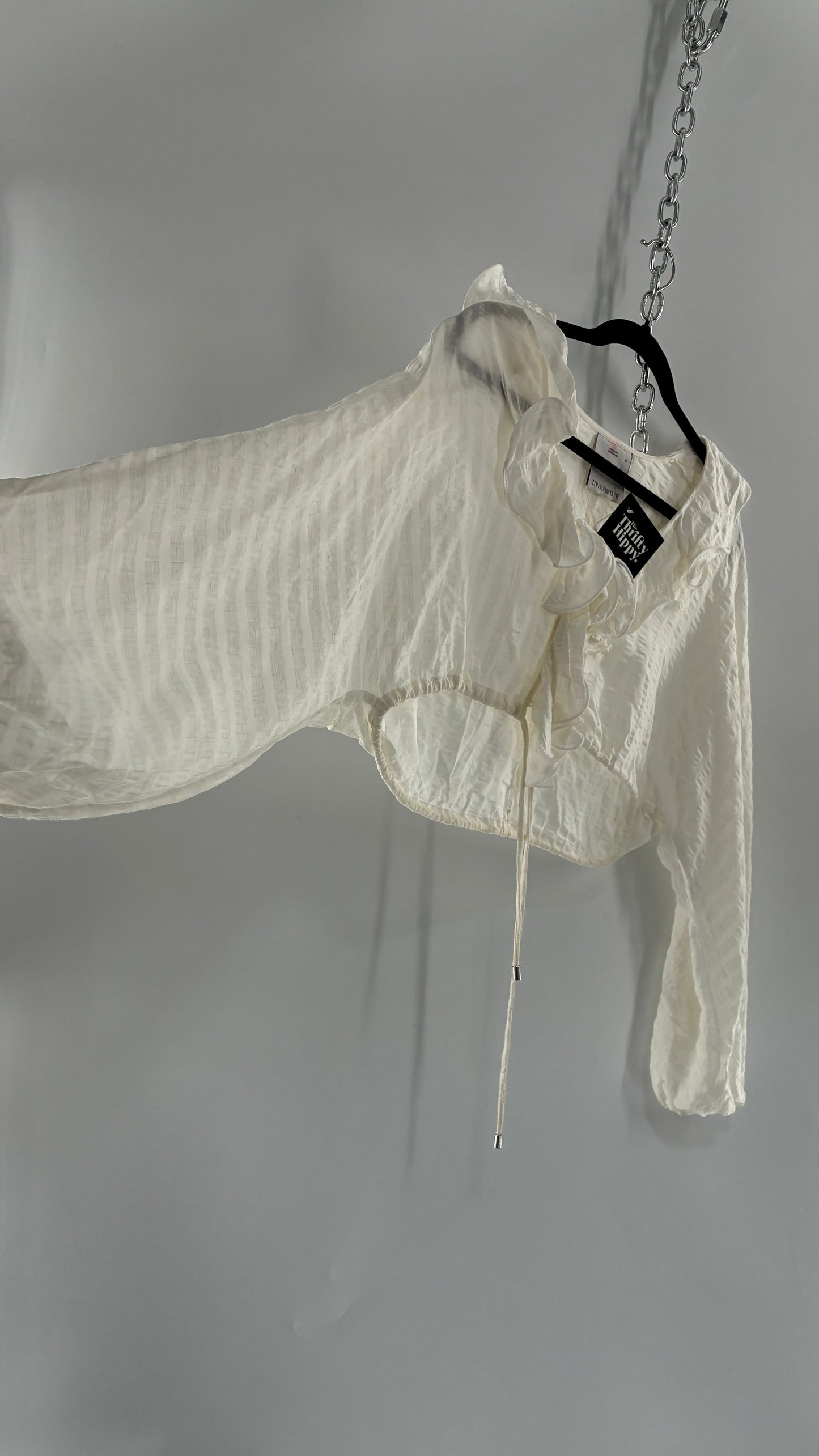 CMEO Collective White Balloon Sleeve Blouse with Ruffled, Button Up Neckline and Adjustable Drawstring Waist (XS 0-2)