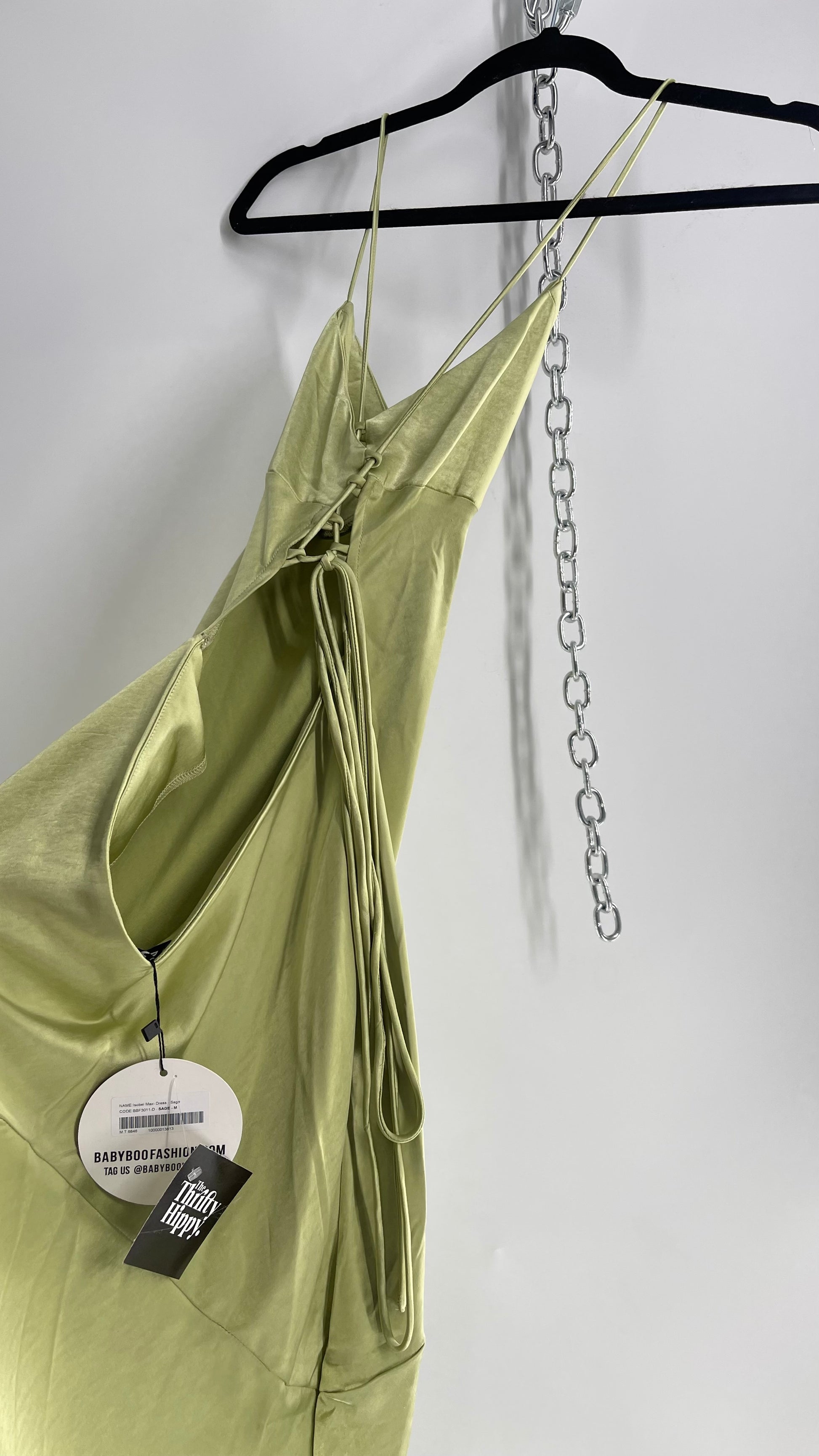 BABYBOO Isobel Sage Green Side Slit, Open Tie Up Back Gown (M) – The Thrifty Hippy