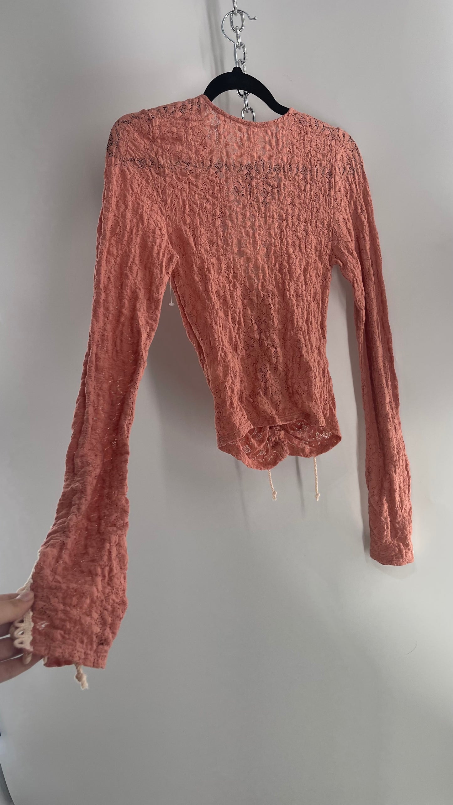 Free People Pink Lace Long Sleeve with Beige Lace Up Sleeve Detail (XS)