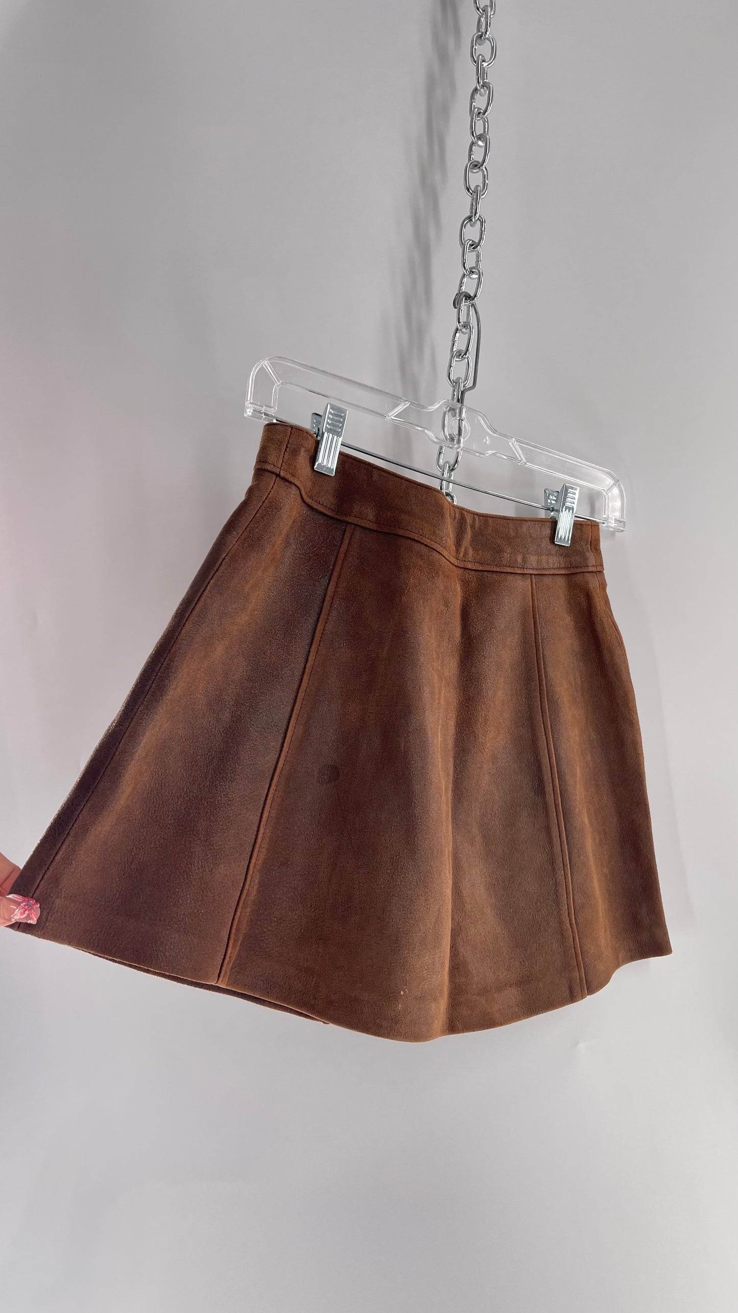 Vintage 1970s Brown Leather Button Front Mini Skirt (XS)