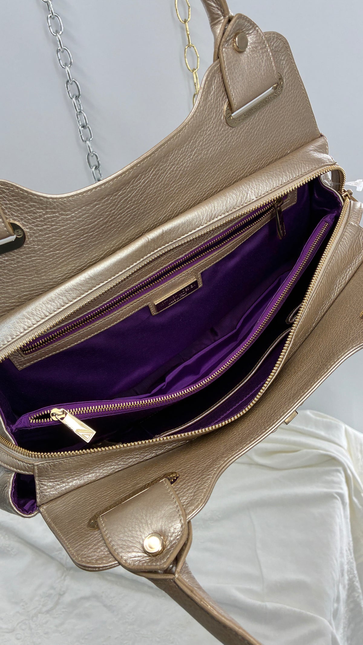 Vintage NOTTINGHILL DESIGNS Westbourne Metallic Champagne Genuine Leather Pocketed Bag with Exaggerated Hardware As Seen on Gossip Girl