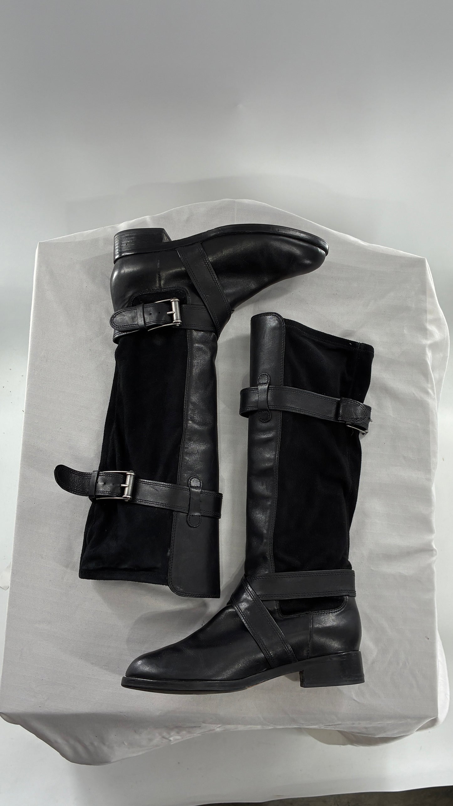 Vintage Cole Haan Black Leather Knee High Boots with Buckle Detailing (7.5)