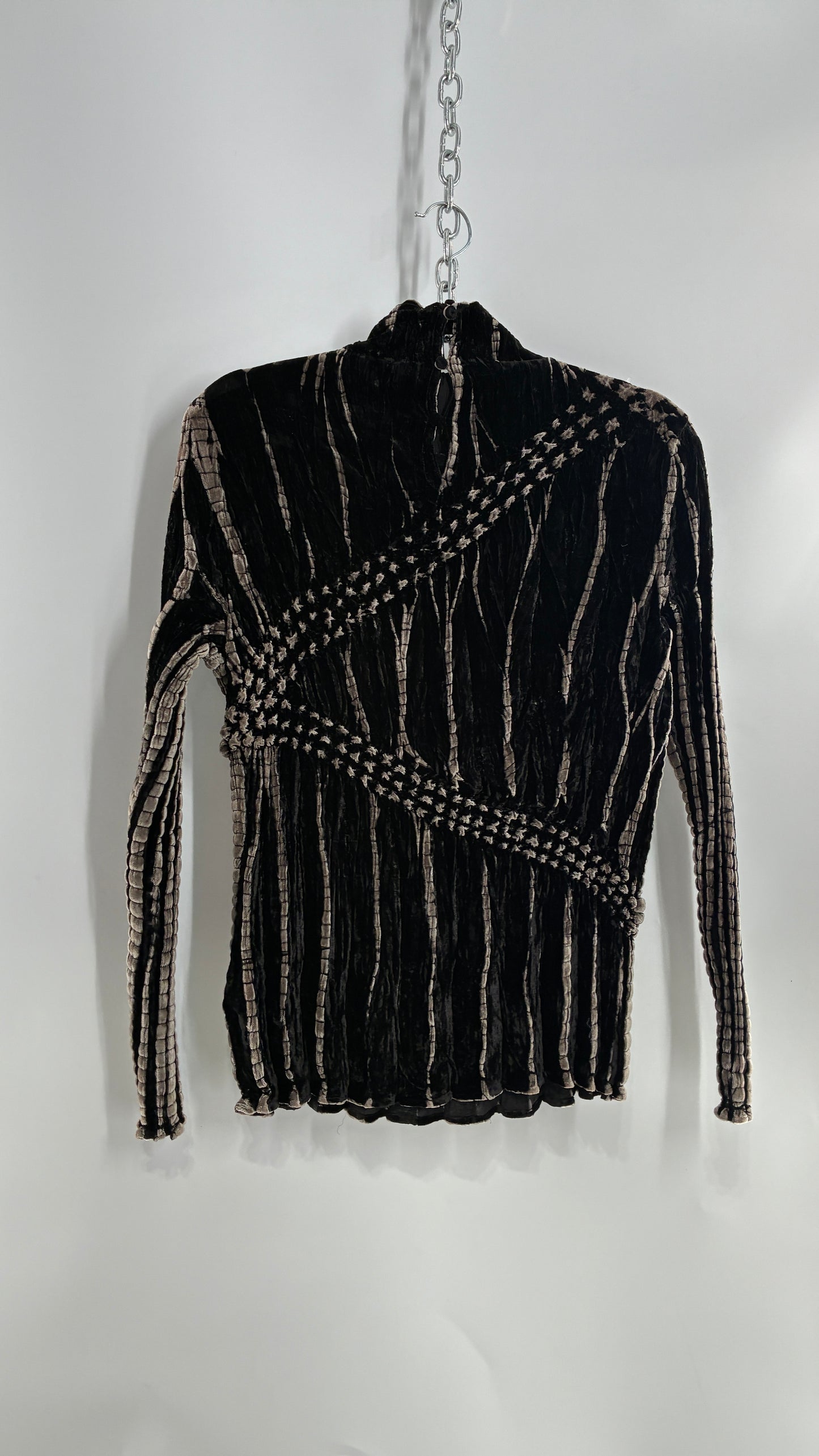 Vintage 1990s Crushed Velvet Black and Beige High Neck Blouse (Small)