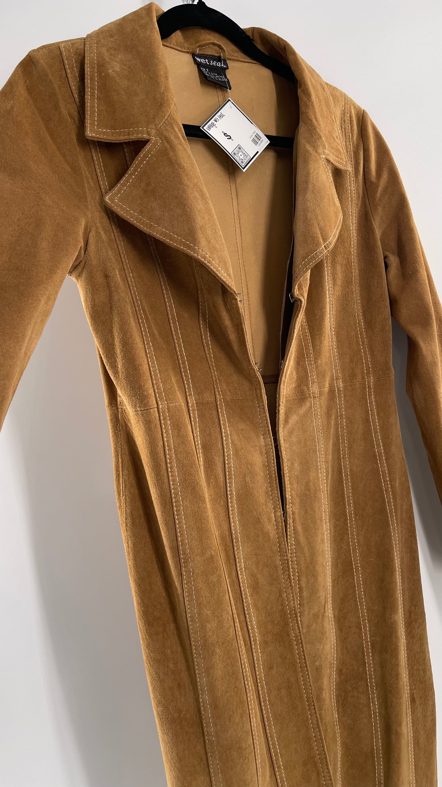 Vintage Wet Seal Full Length Paneled Tan Leather Sweeping Coat (Small)