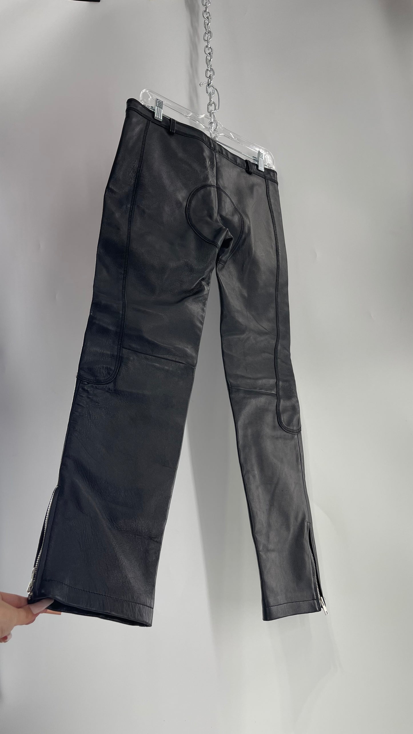 PAOLA FRANI 1990s Black Genuine Leather Low Waisted, Zip Front, Patched Bum and Knee Pants (8)