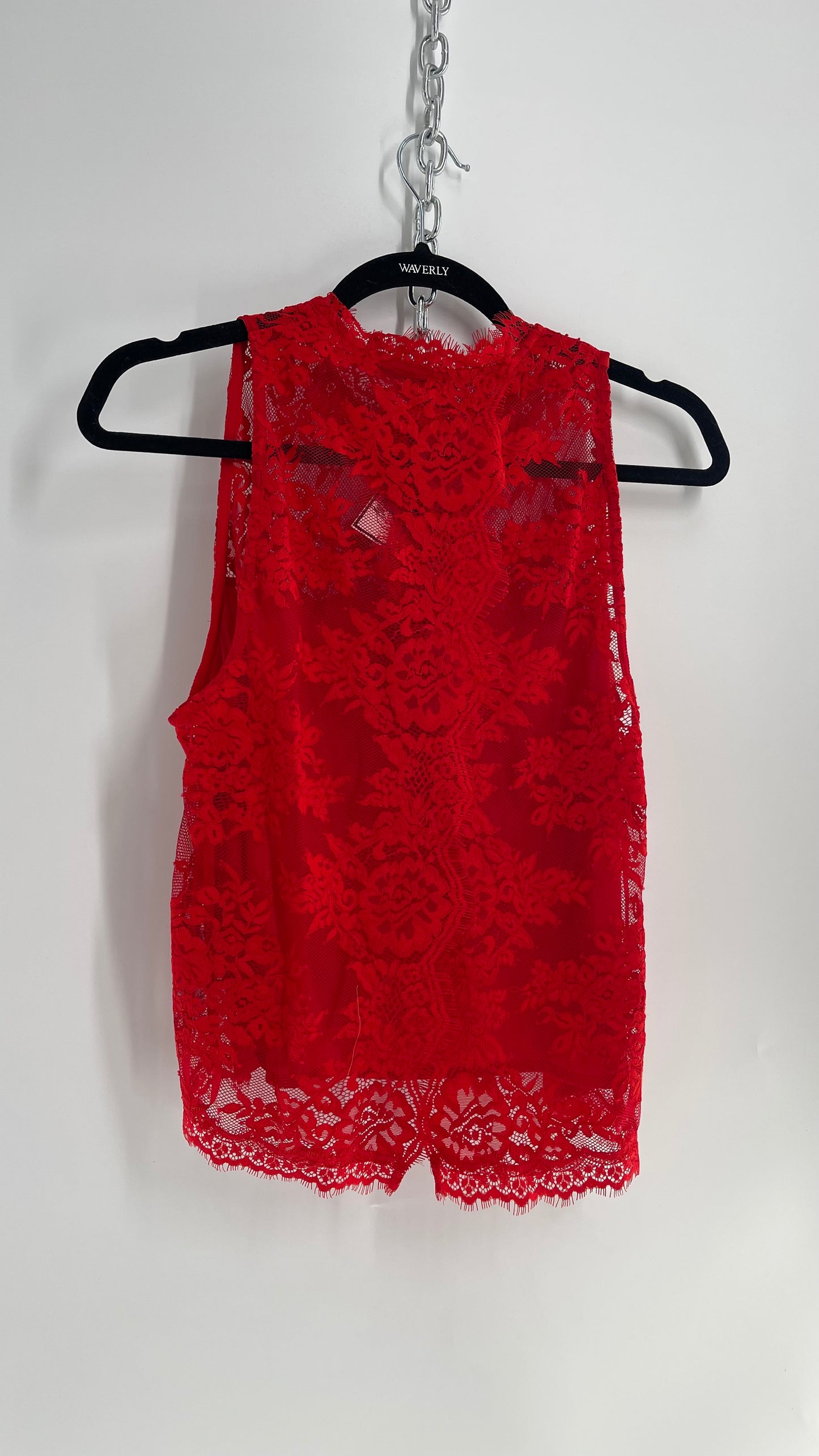 Free People Red Silky Lacy Open Back Tank (Medium)