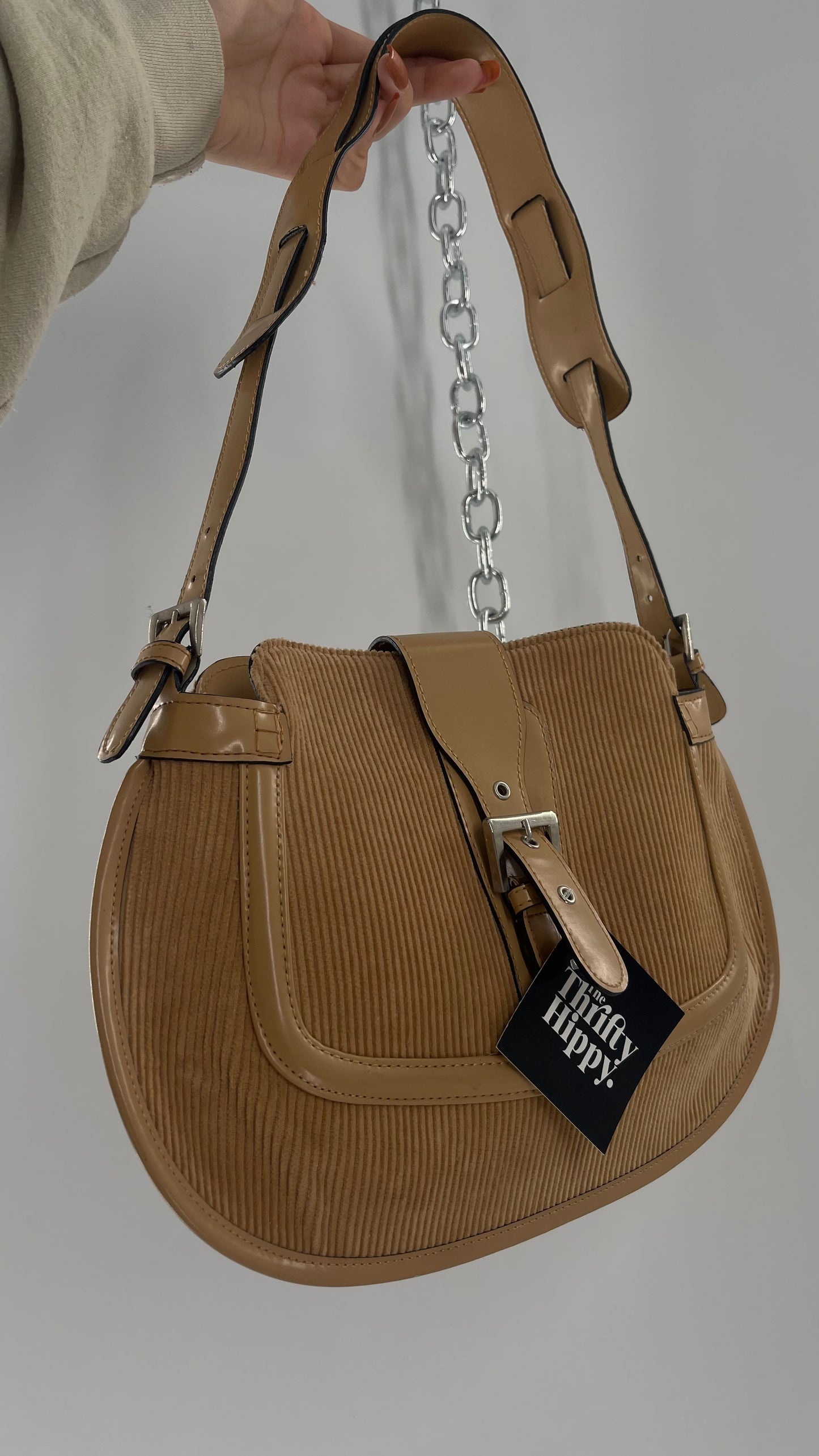 Vintage Tan Corduroy Bag with Buckle Closure