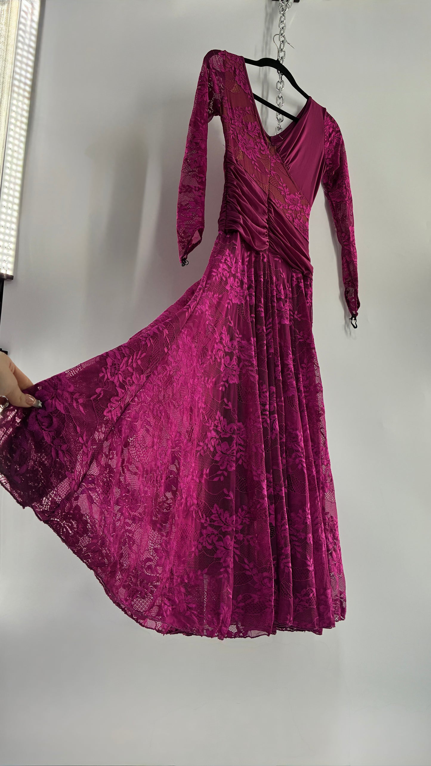 Vintage Fuchsia Flamenco, Lace and Mesh Paneled Gown with Gloved Hand Detail (Small)
