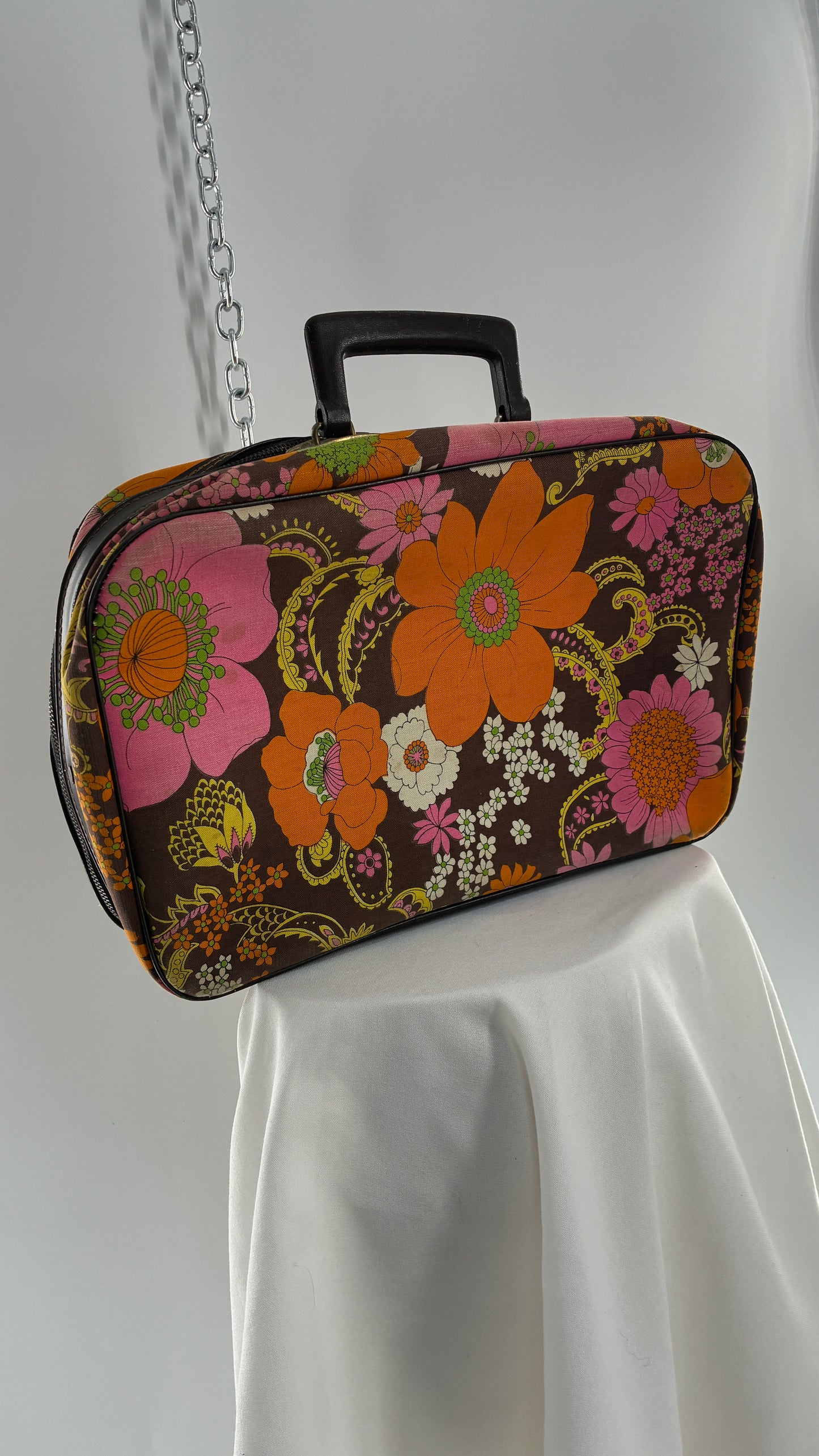 Vintage 1970s Brown Briefcase with Warm Tone Flowers