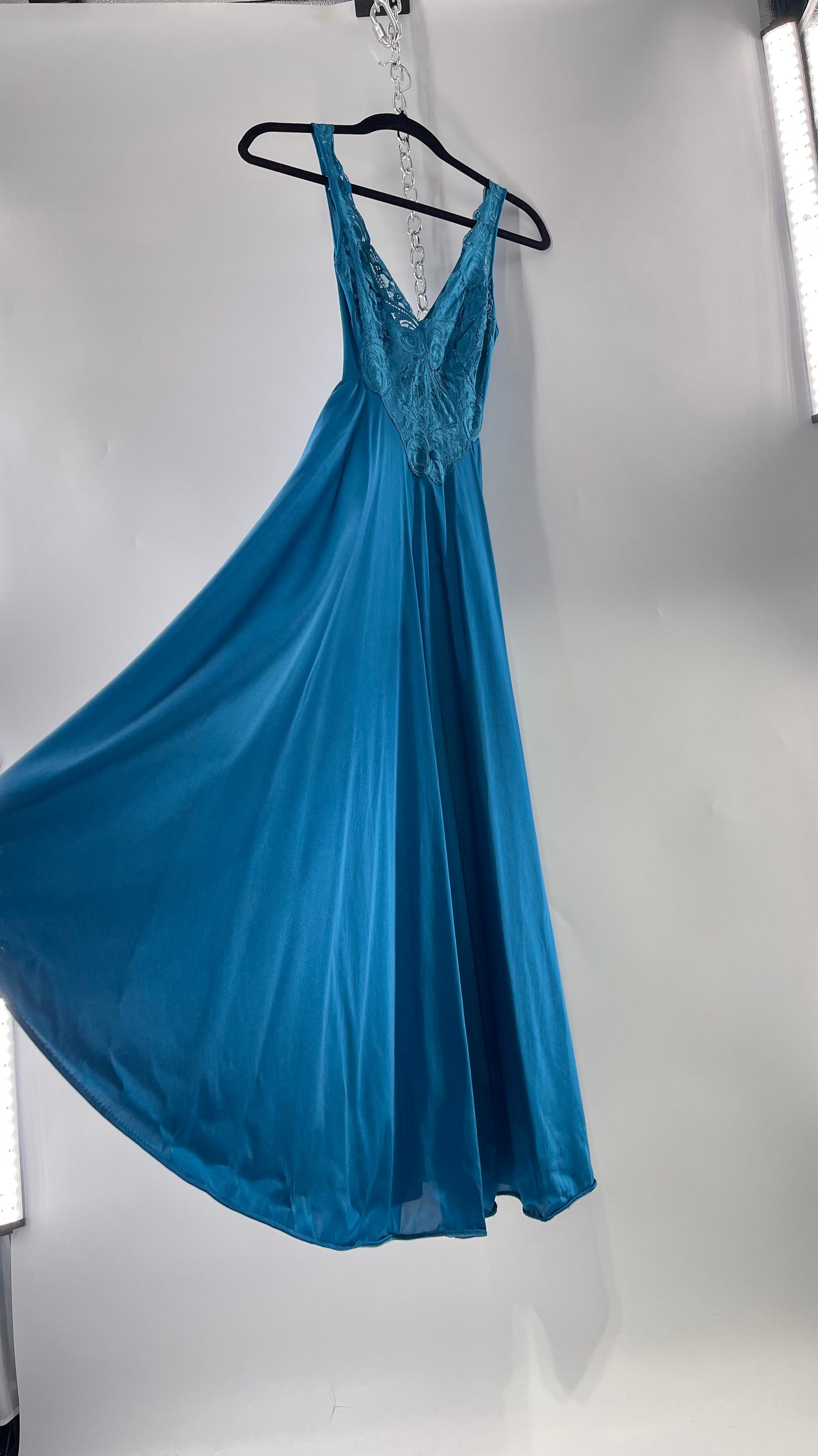 Vintage Olga Intimates Floor Length Voluminous Blue Jewel Toned Maxi Dress/Night Gown with Lace Bust (Small)