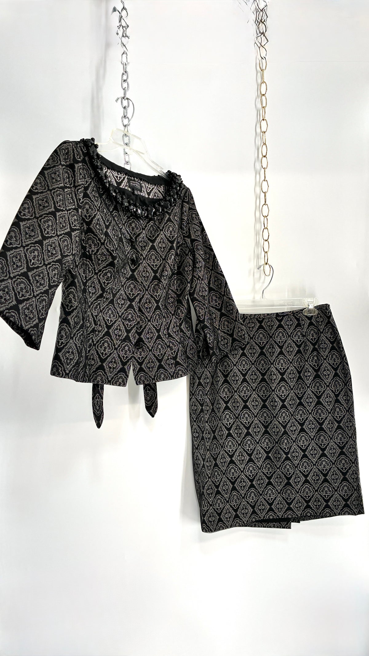 Vintage ADRIANNA PAPPELL Set with Brocade Underlay, Black Mesh Overlay, Waist Snatch, and Mini Skirt (10,8)