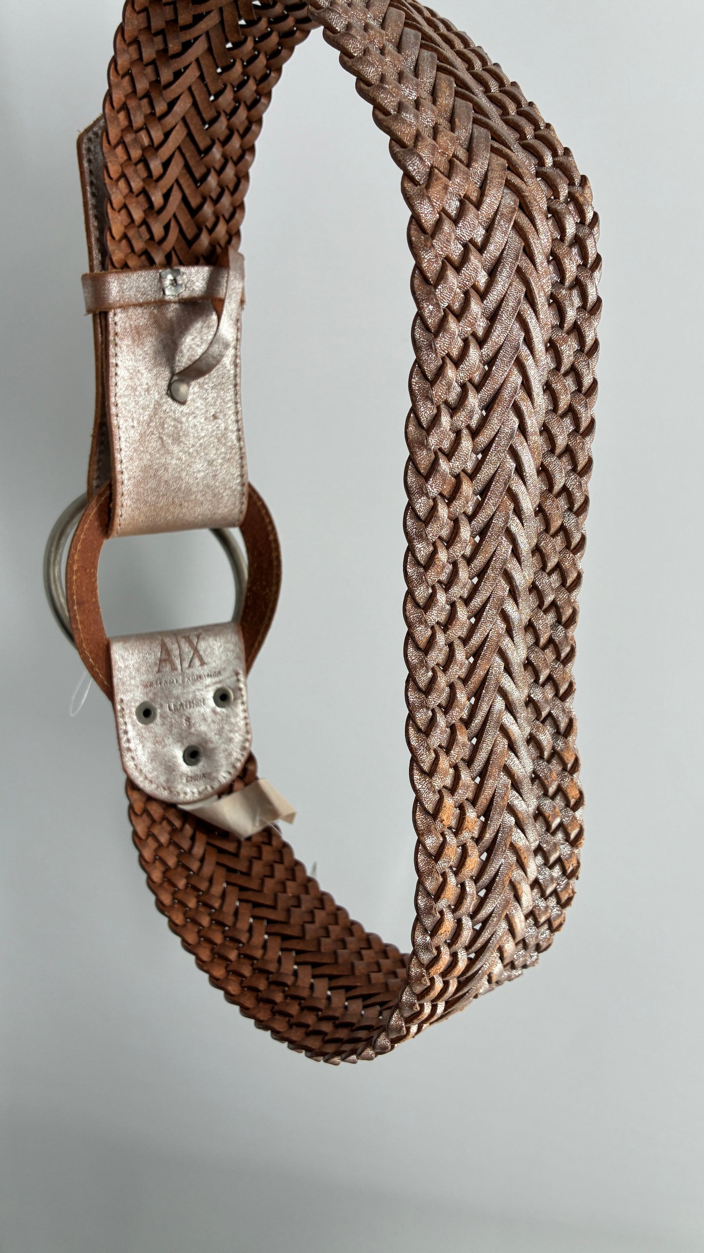 Vintage ARMANI Metallic Silver Thick Braided Leather Belt with Oversized Metal Loop Buckle (Small)