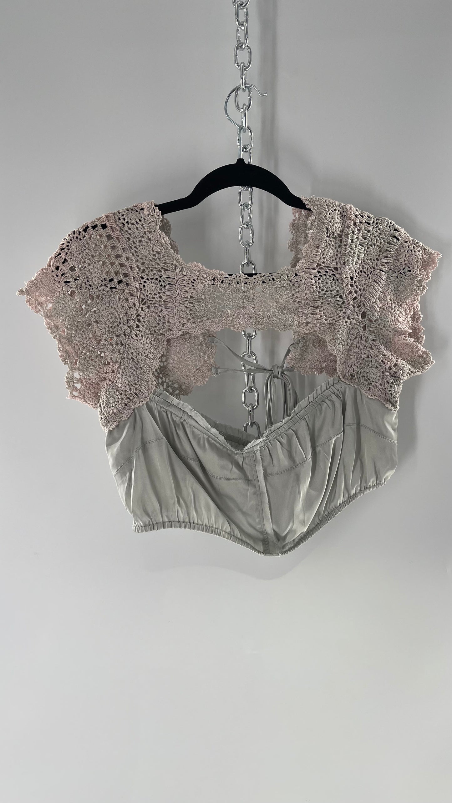 Intimately Free People Silver Satin Cropped Bustier with Crochet Shrug High Neckline (Large)