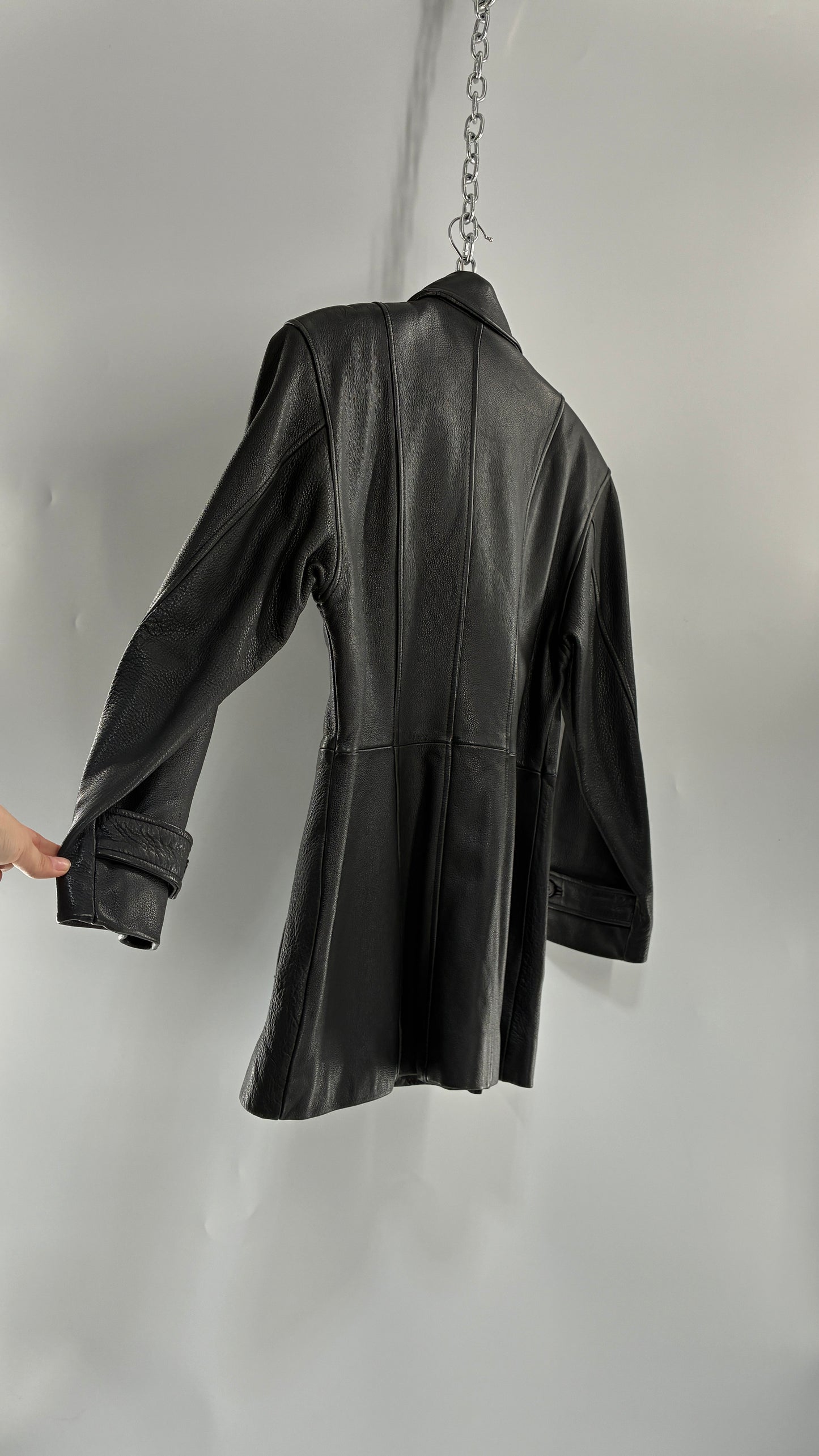 Vintage LUIS ALVEAR Thick Genuine Leather Black Trench Style Jacket (XS)