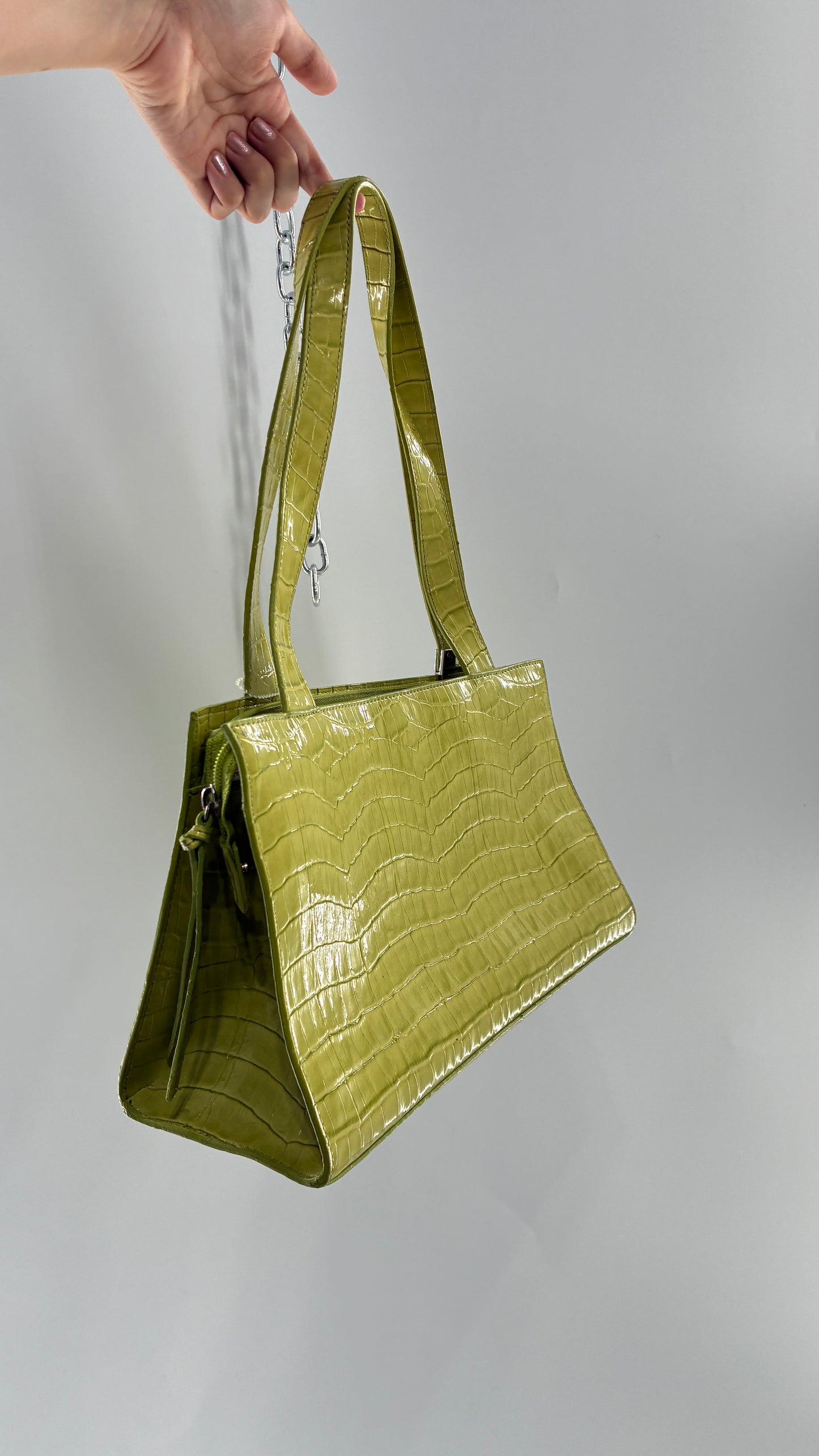 Vintage 1990s GUESS Lime Green Shoulder Purse with Metal Logo Buckle