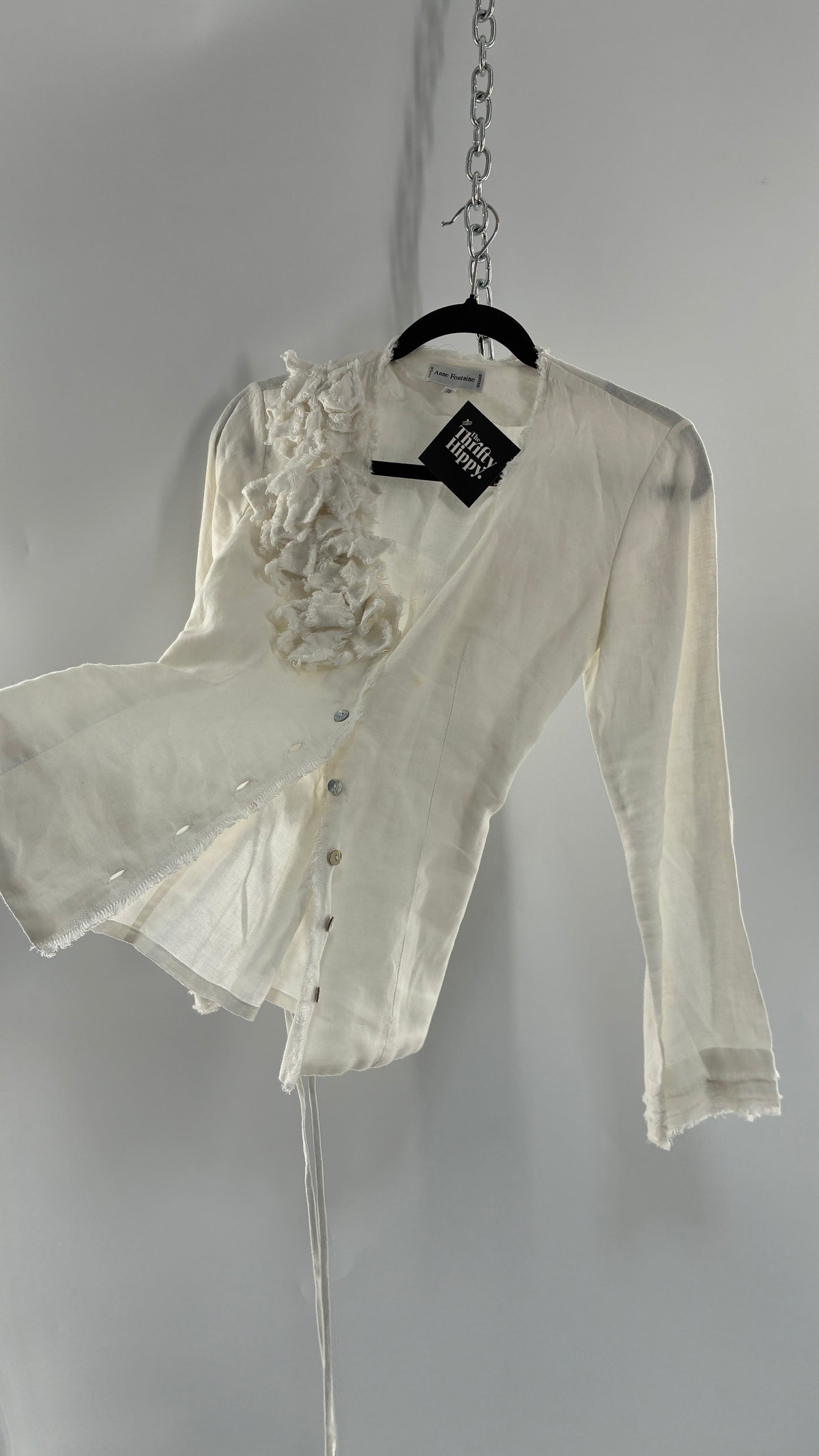 Vintage ANNE FONTAINE Off White Linen Woven Button Up Blouse with Back Corseting, Pearlescent Shell Buttons, and Rosette Details (36)