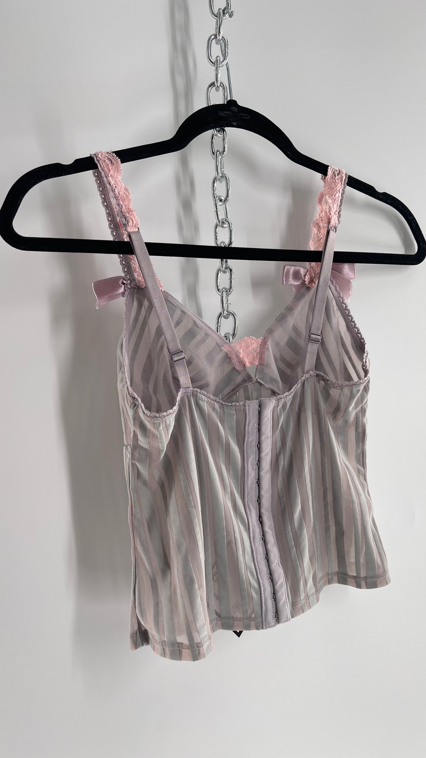 Sophie B Vintage Gray Sheer Striped Camisole Tank with Pink Lace, Bows and Ribbon (M)