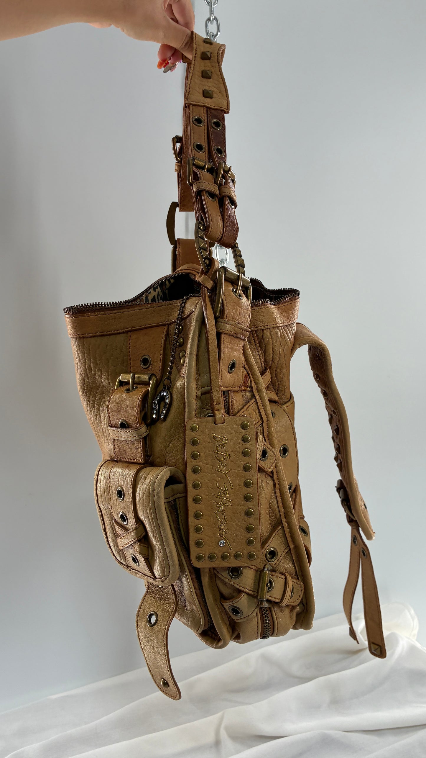 Rare Vintage BETSEY JOHNSON Heavy Leather, Oversized Shoulder Bag with Leopard Lining