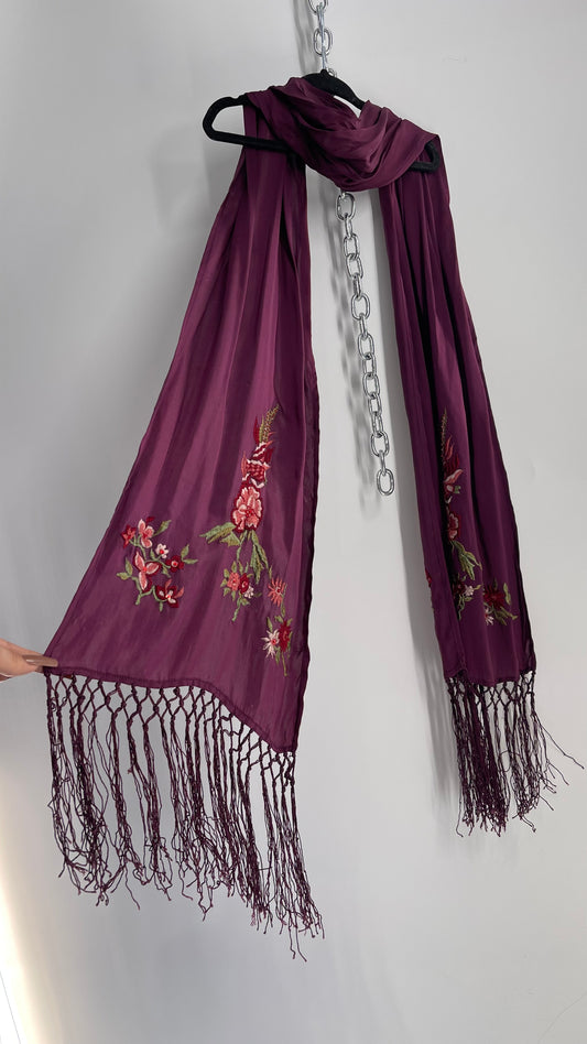 April Cornell 100% Silk Purple Embroidered Florals Fringe Scarf
