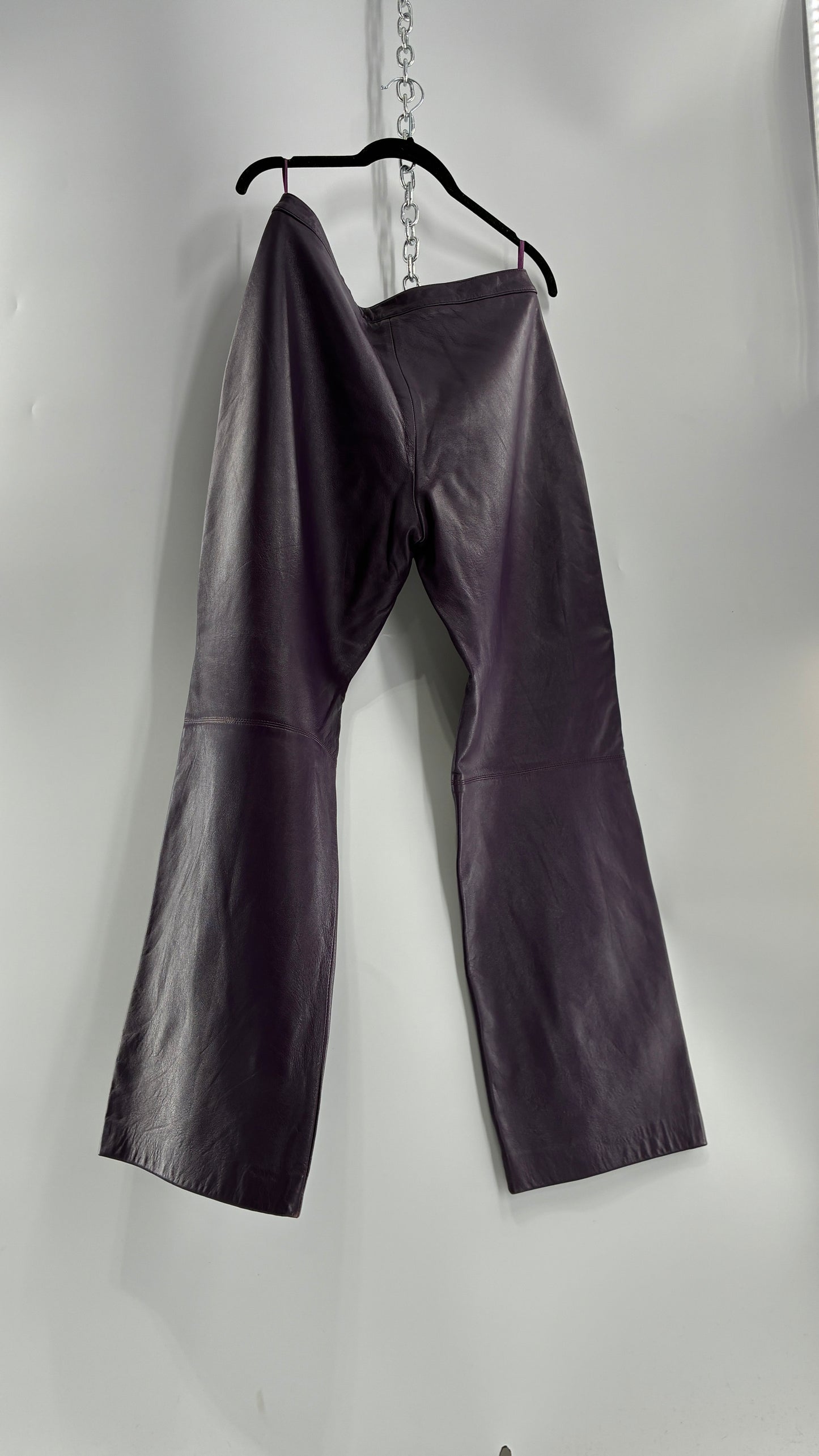 Vintage SHIN CHOI Genuine Italian Leather Purple Side Closure Low Rise Pants (12)