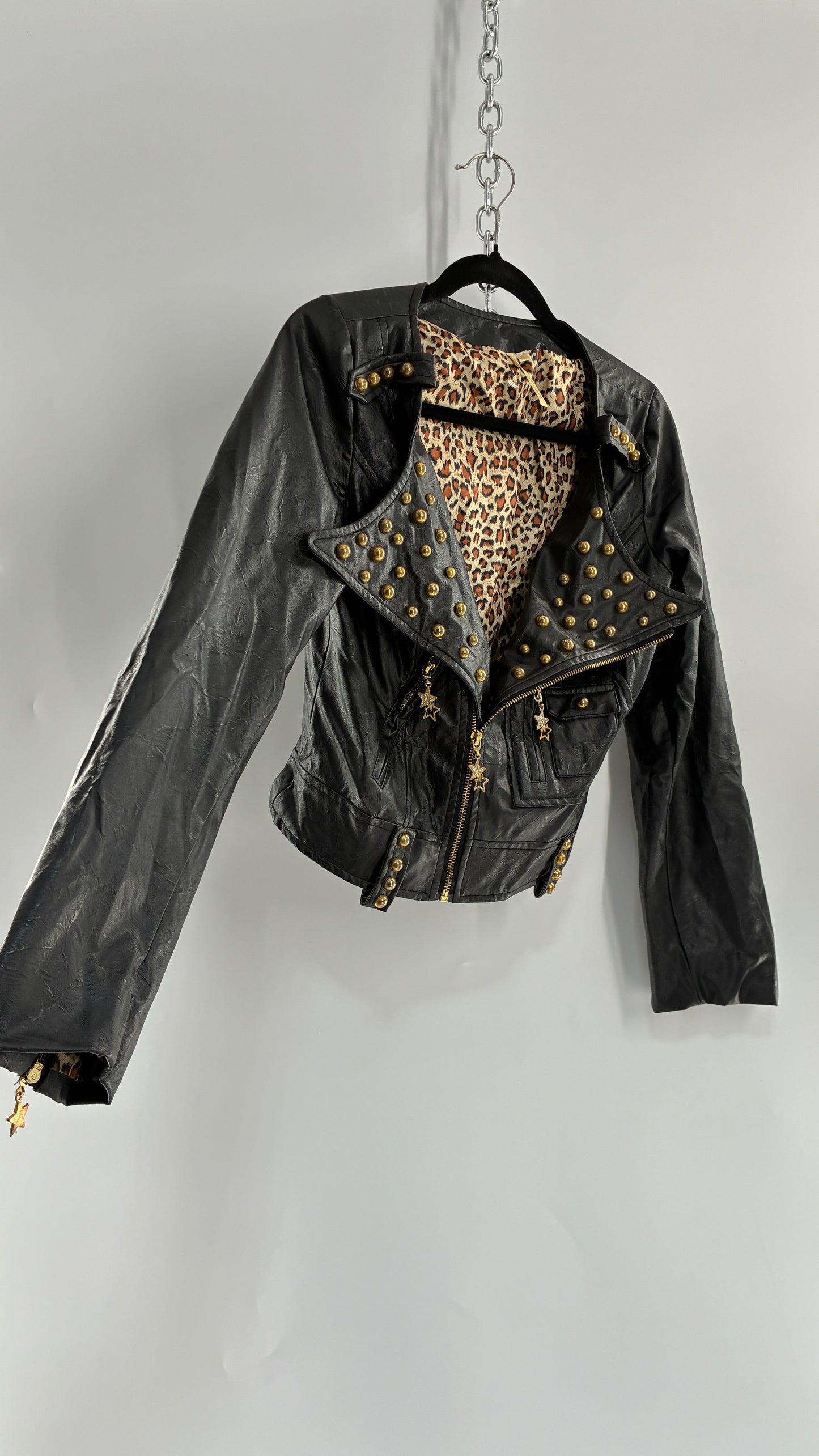 Vintage Black Vegan Leather Jacket with Oversized Lapel, Belt Loops and Pockets Covered in Heavy Duty Gold Studs (Small)