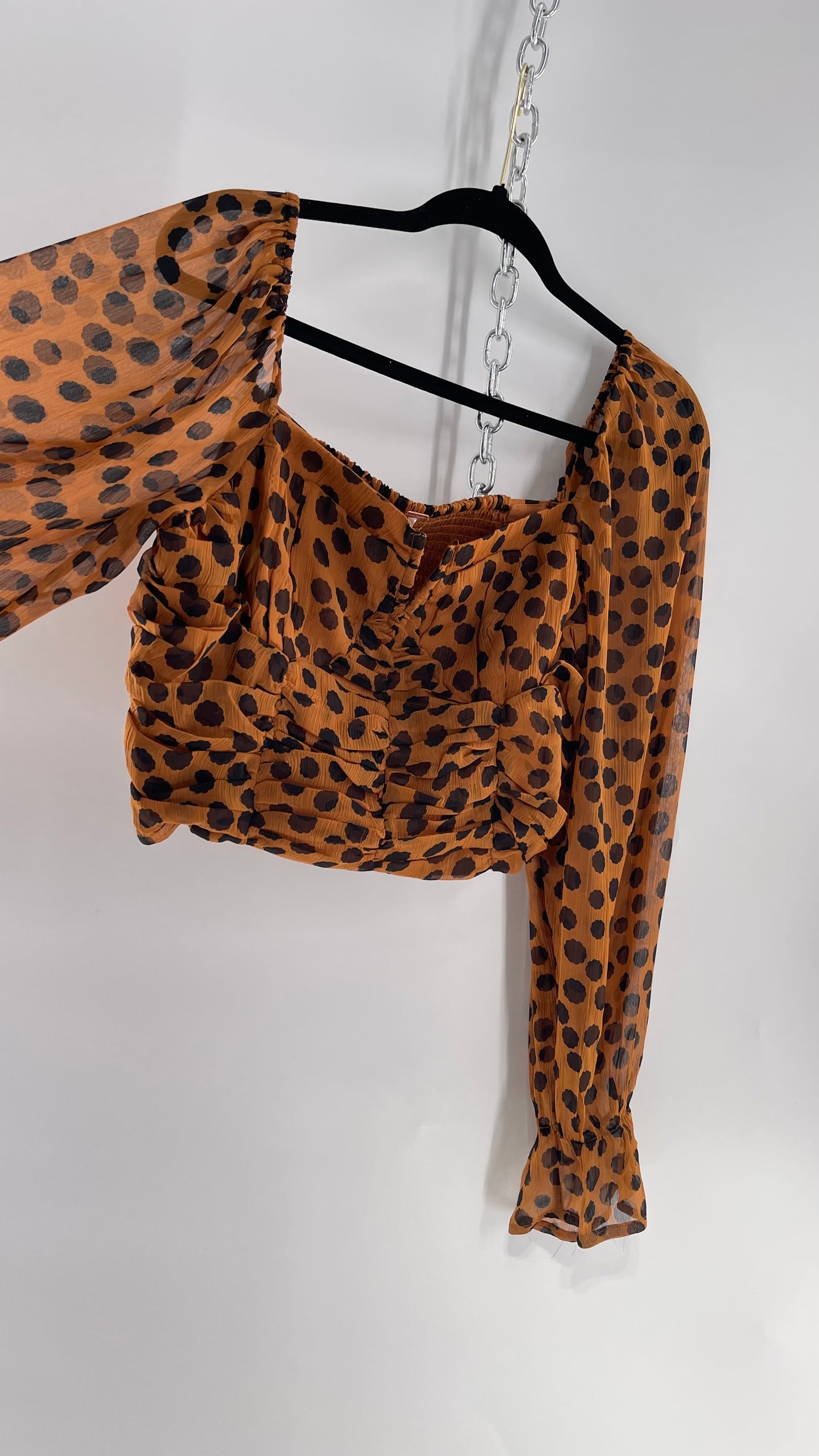Free People Brown Black Animal Print Blouse with Ruched Bodice and Tags Attached (Large)