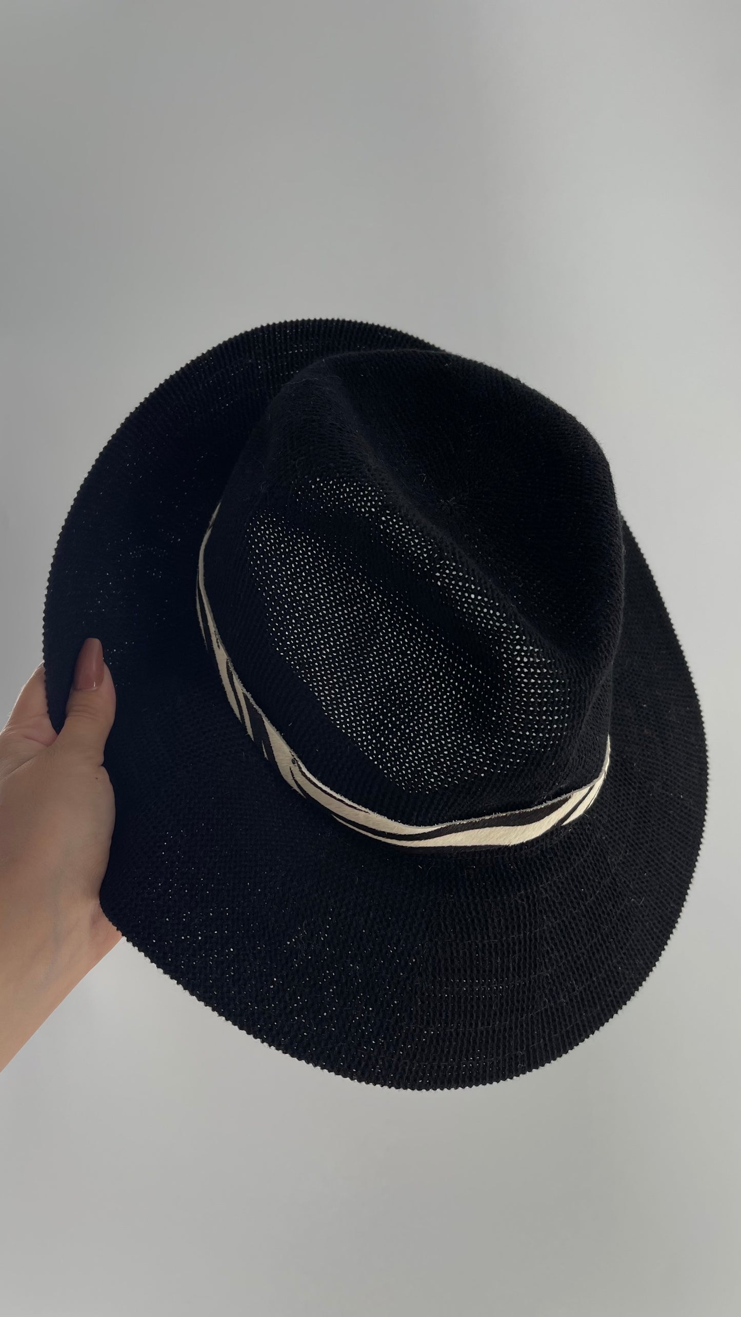 Free People Black 55% Cotton Woven Sun Hat with Textured Fur Belt