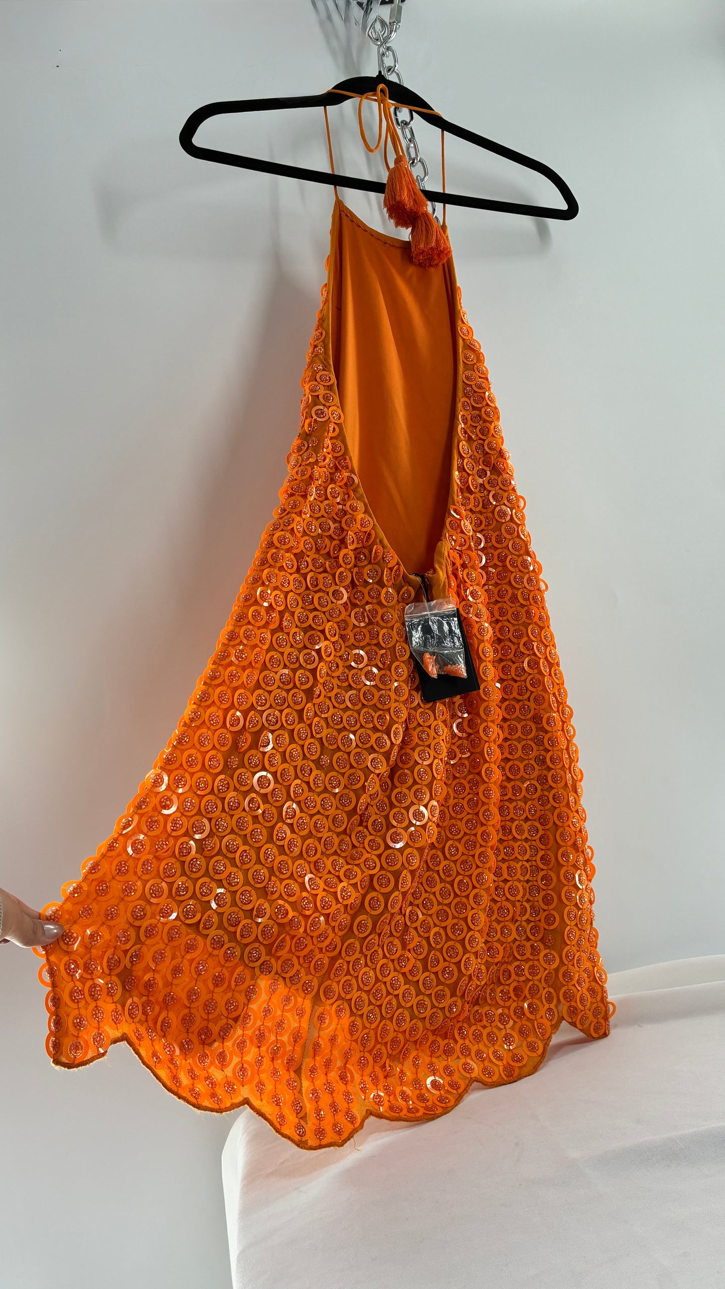 X by NBD Orange Backless Halter Mini Dress with Scalloped Hem, Covered in Beads and Sequins (Medium)