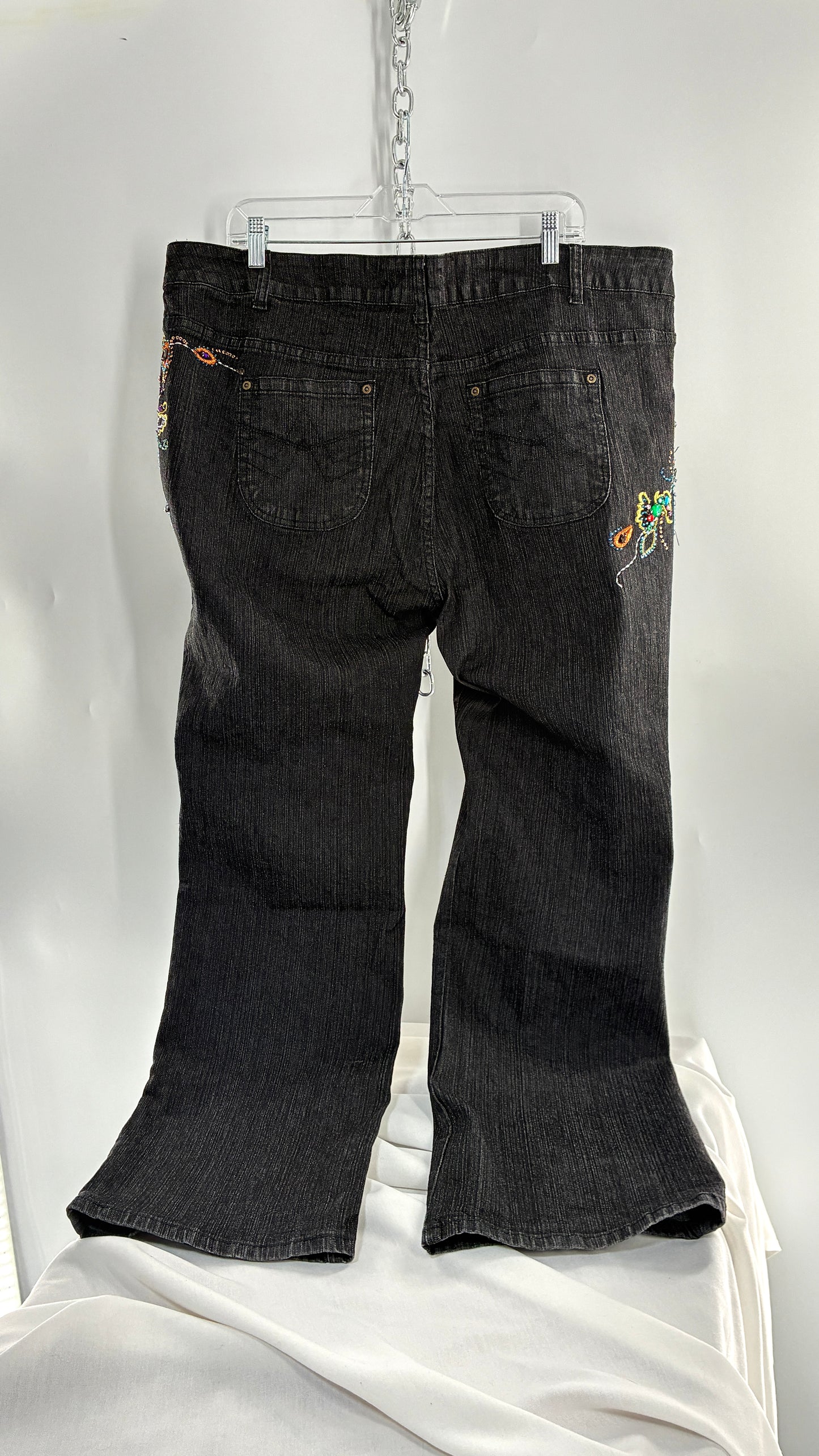 Vintage Grainy Black Denim with Hip to Hem Gemstones and Embroidery (22W)