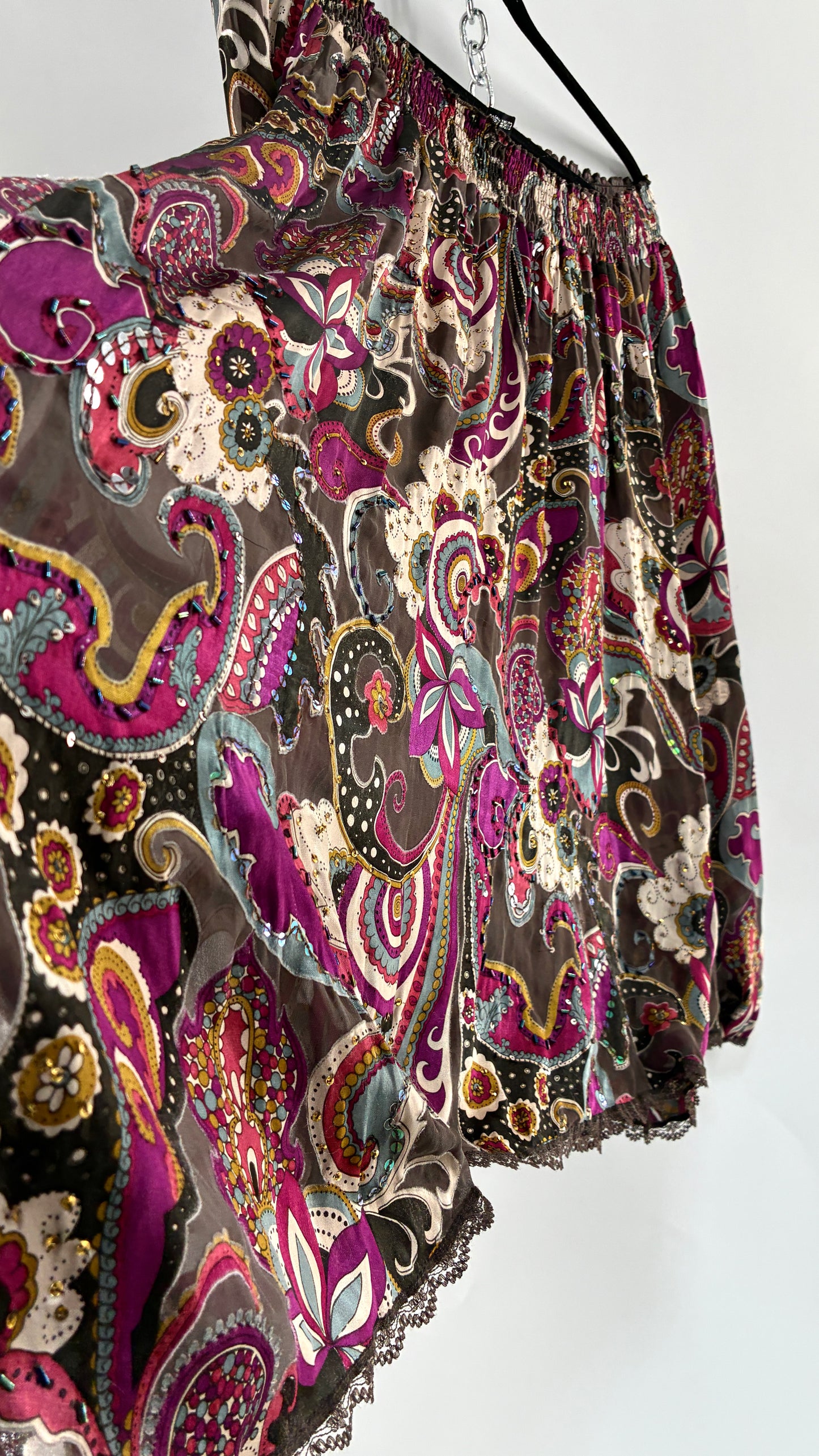 Vintage Italian 1990s 35% Silk Beaded Off the Shoulder Paisley Blouse/Mini Dress with Lace Trim (One Size)