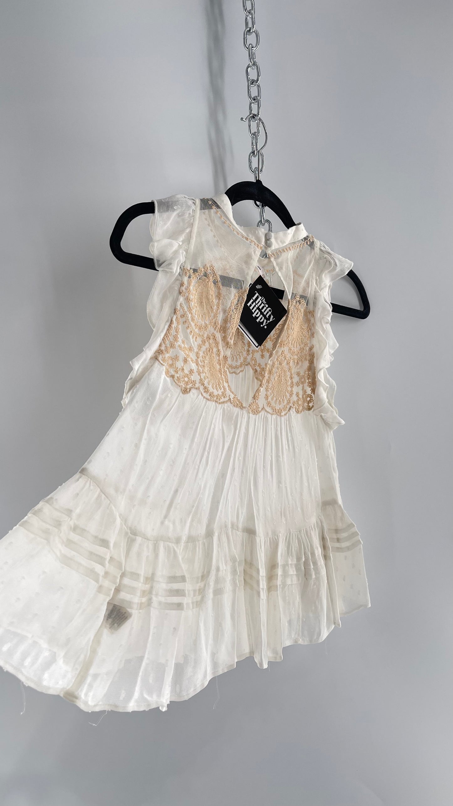 Free People Delicate,Romantic Feminine Sleeveless Blouse with Pleating, Embroidery and Keyhole Back (XS)